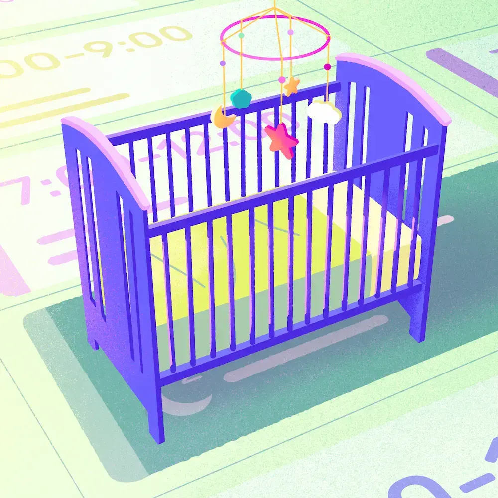 Congé parental au Québec illustré par un berceau posé sur une grille d'horaires de quarts de travail.