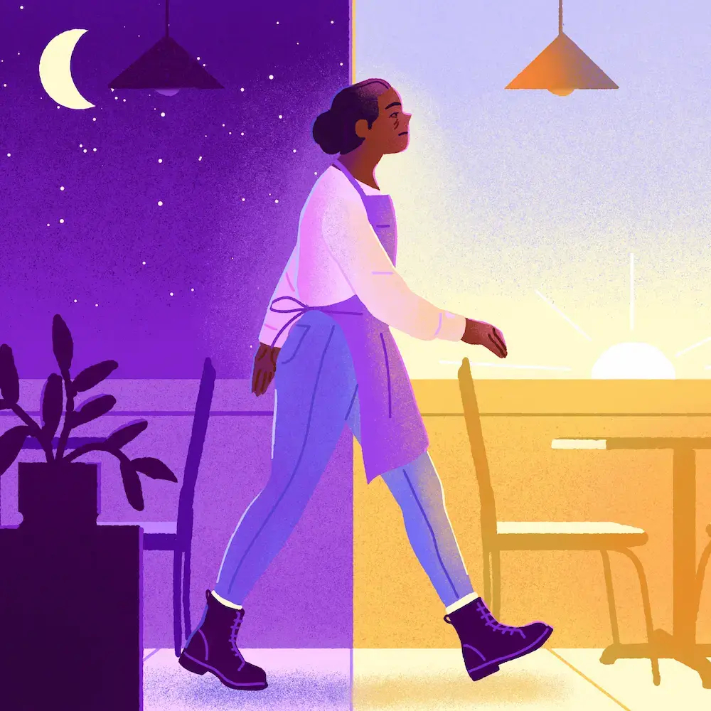 Clopening : employée de restaurant traversant une scène qui passe de la nuit étoilée au lever du soleil.