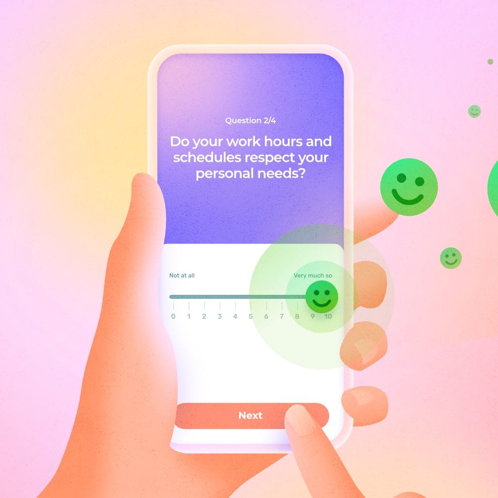 Hands holding a mobile device to complete an online job satisfaction survey