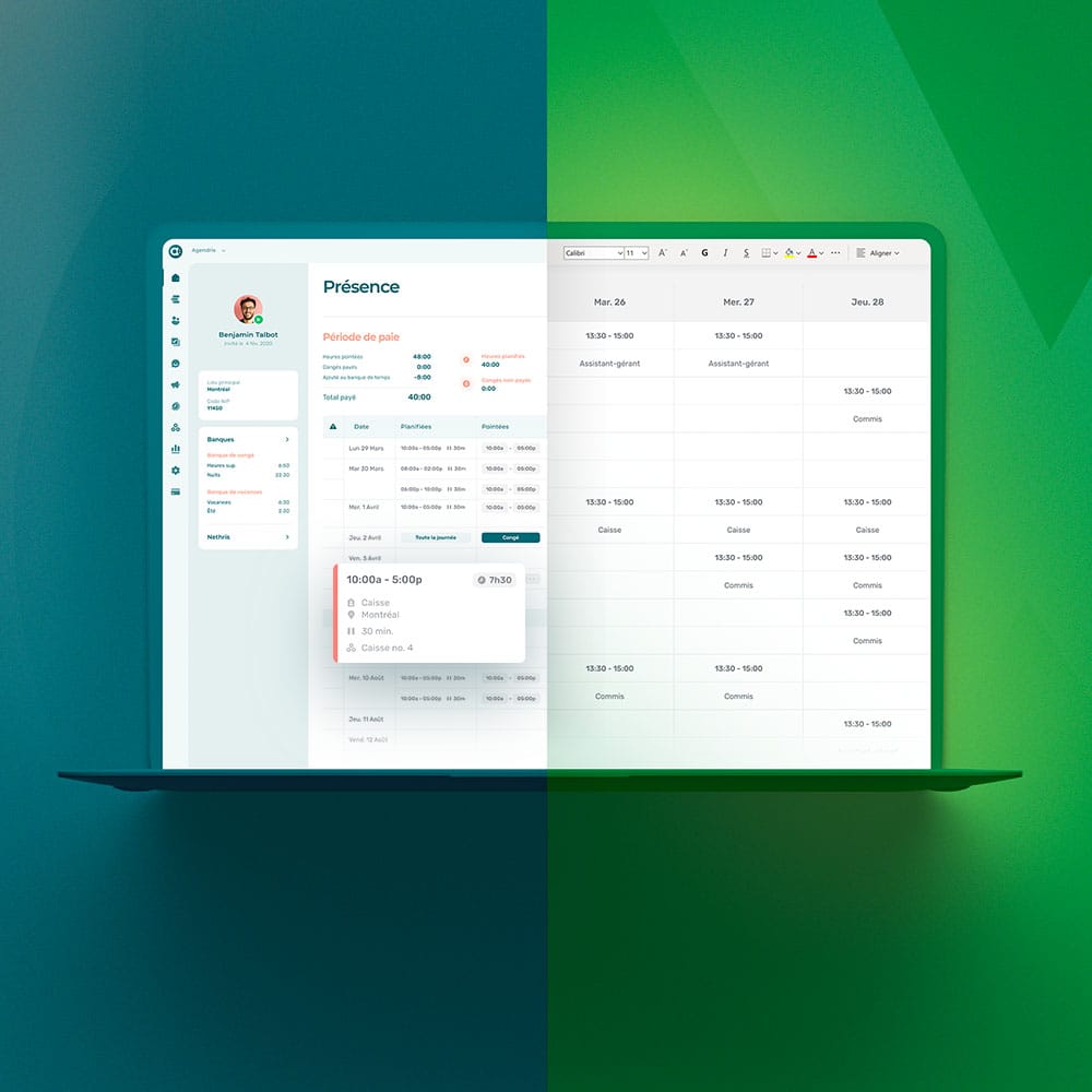 Ordinateur portable qui montre dans la moitié de l'écran à gauche le logiciel de gestion de planning Agendrix et dans l'autre moitié le logiciel Excel
