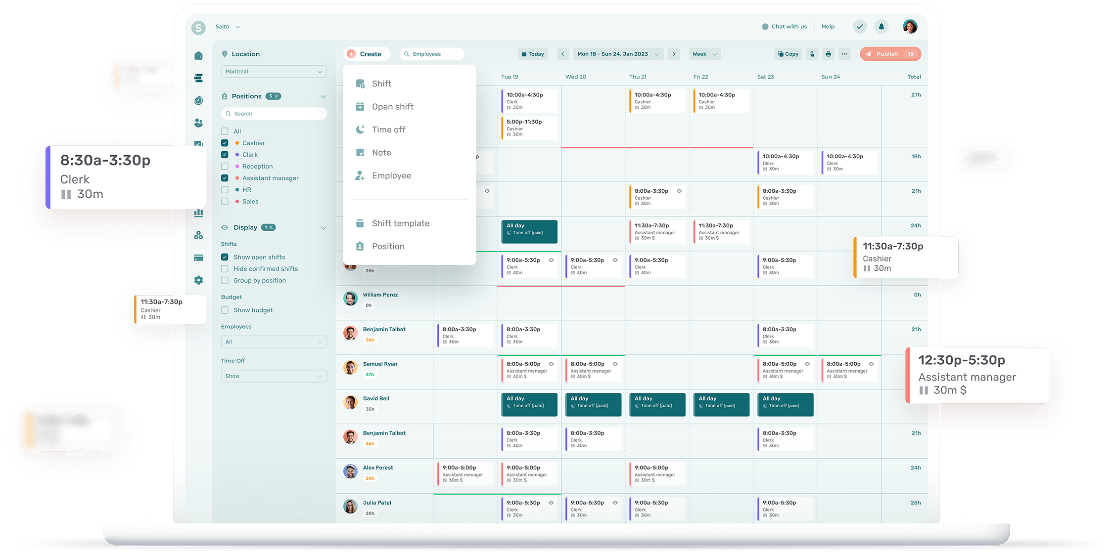 Scheduling app on a computer showing how quickly and easily you build employee work schedules and share them