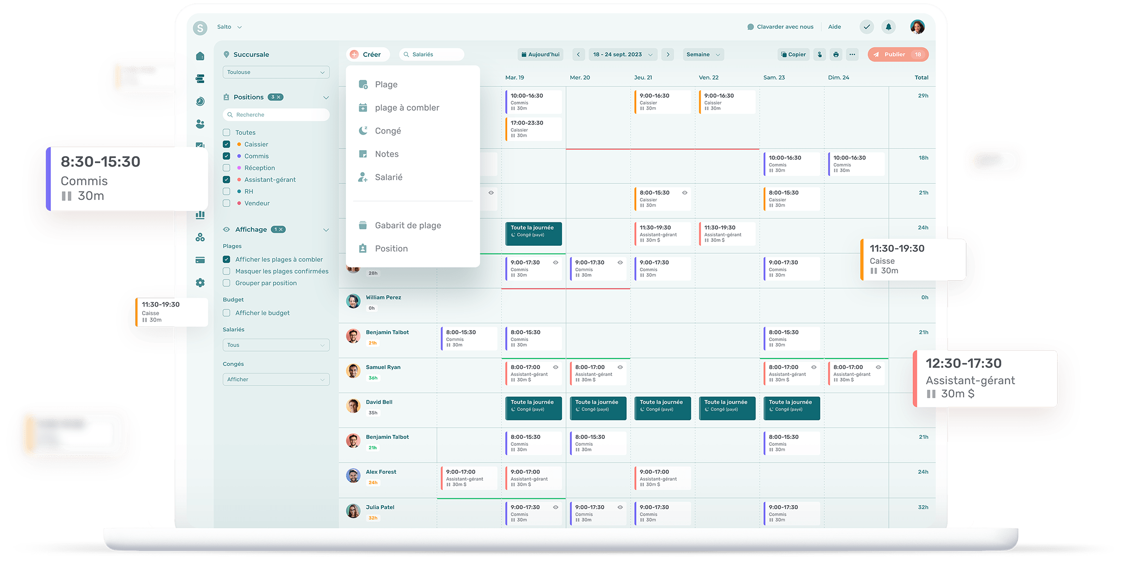 Illustration de notre Logiciel de gestion d’horaires sur un ordinateur avec les fonctionnalités de temps et présence et de planification d'horaires