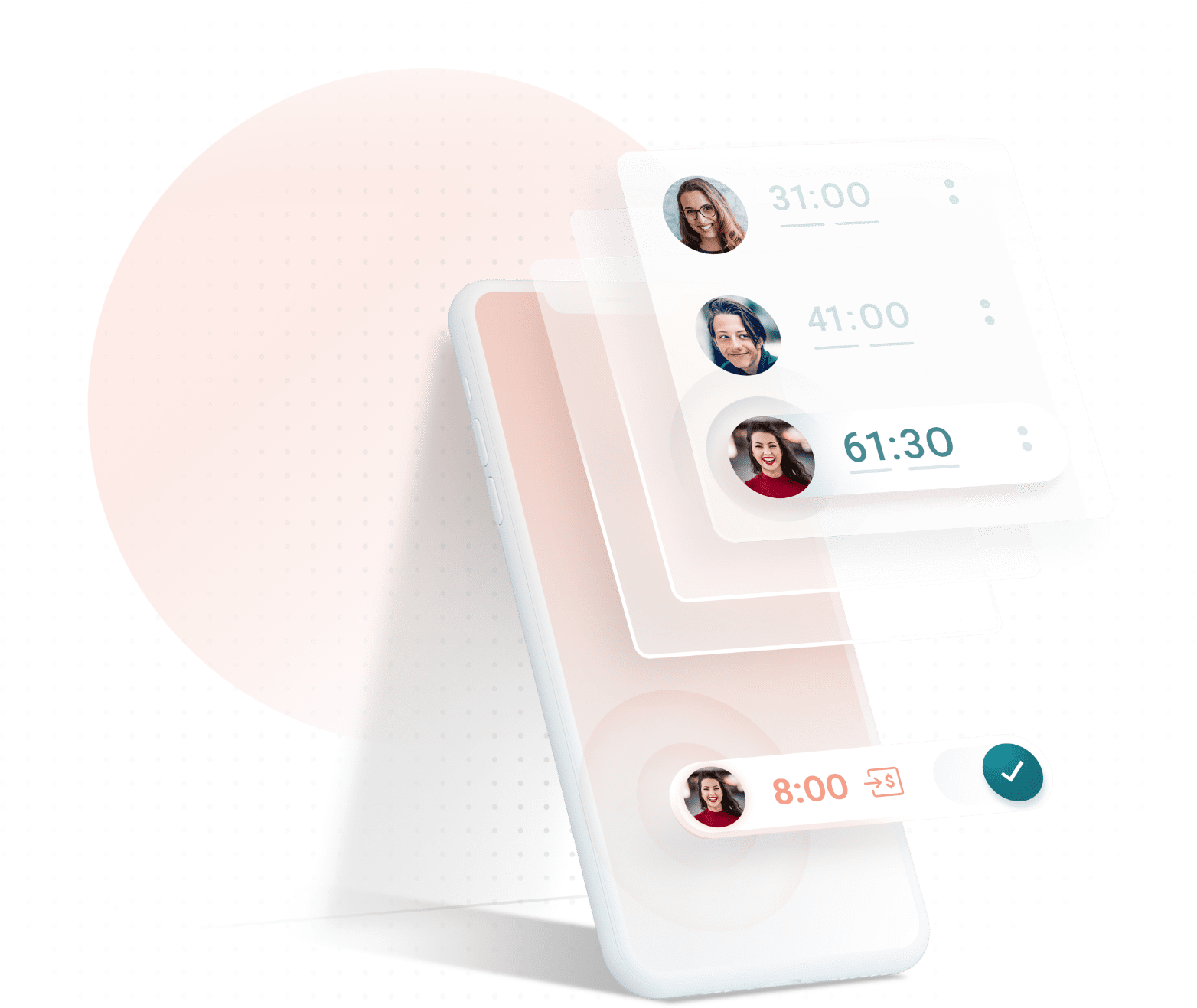 Cell phone with Overtime Tracker illustration. You can see the total number of worked hours and who did extra shift at work