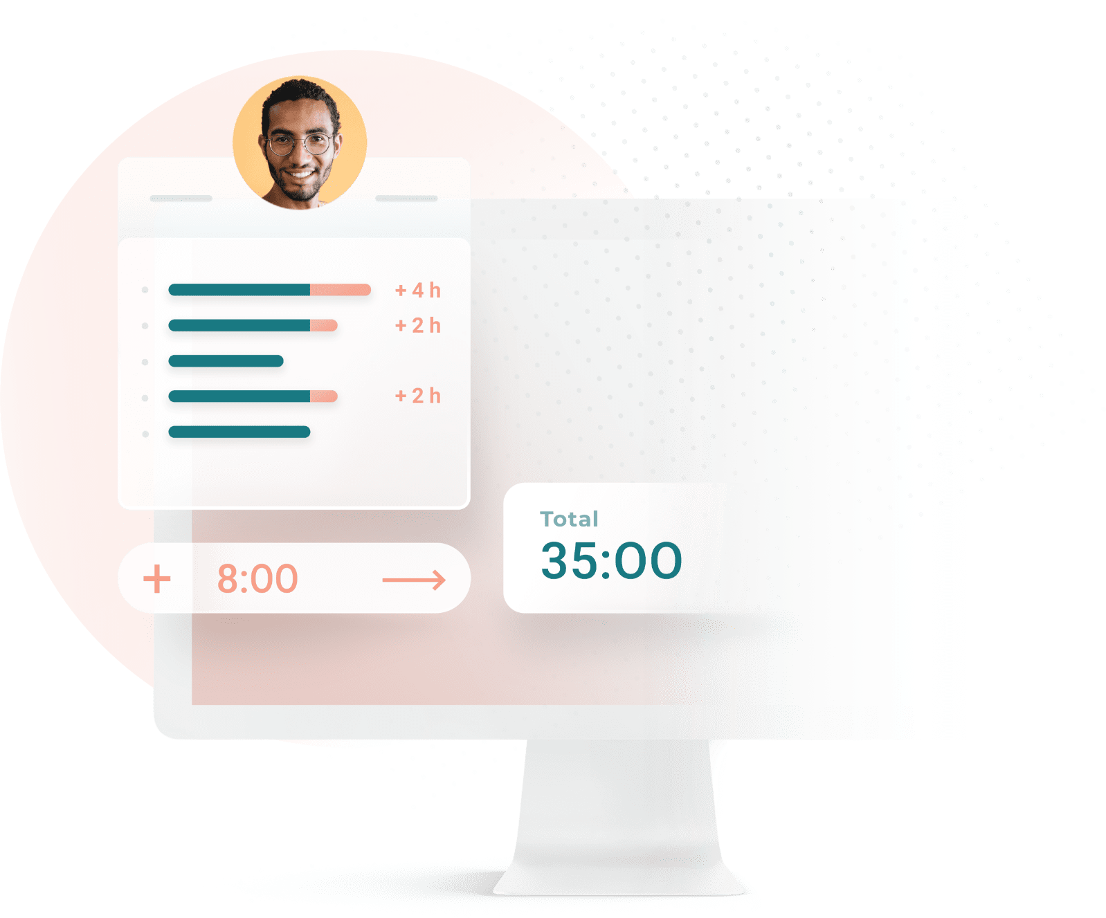 Online Timesheet Exportation illustration with a week schedule of an employee. You can see the number of worked hours per day and per week