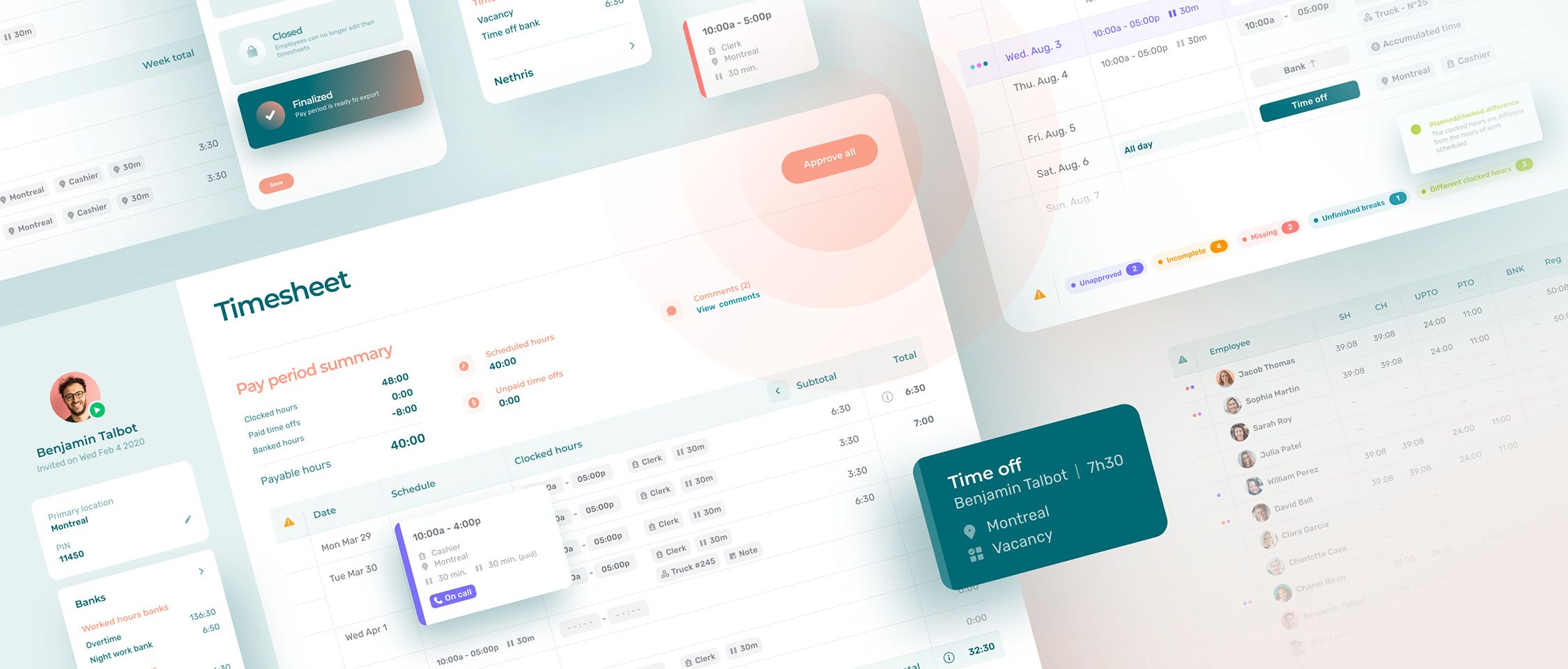 Various interface from Agendrix time and attendance module