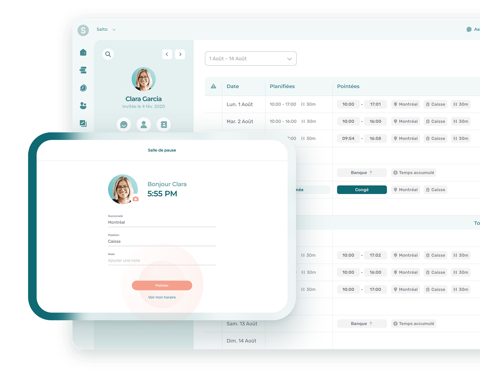 Illustration de notre logiciel de gestion du temps de travail et des présences avec vue des heures travaillé d'une employée