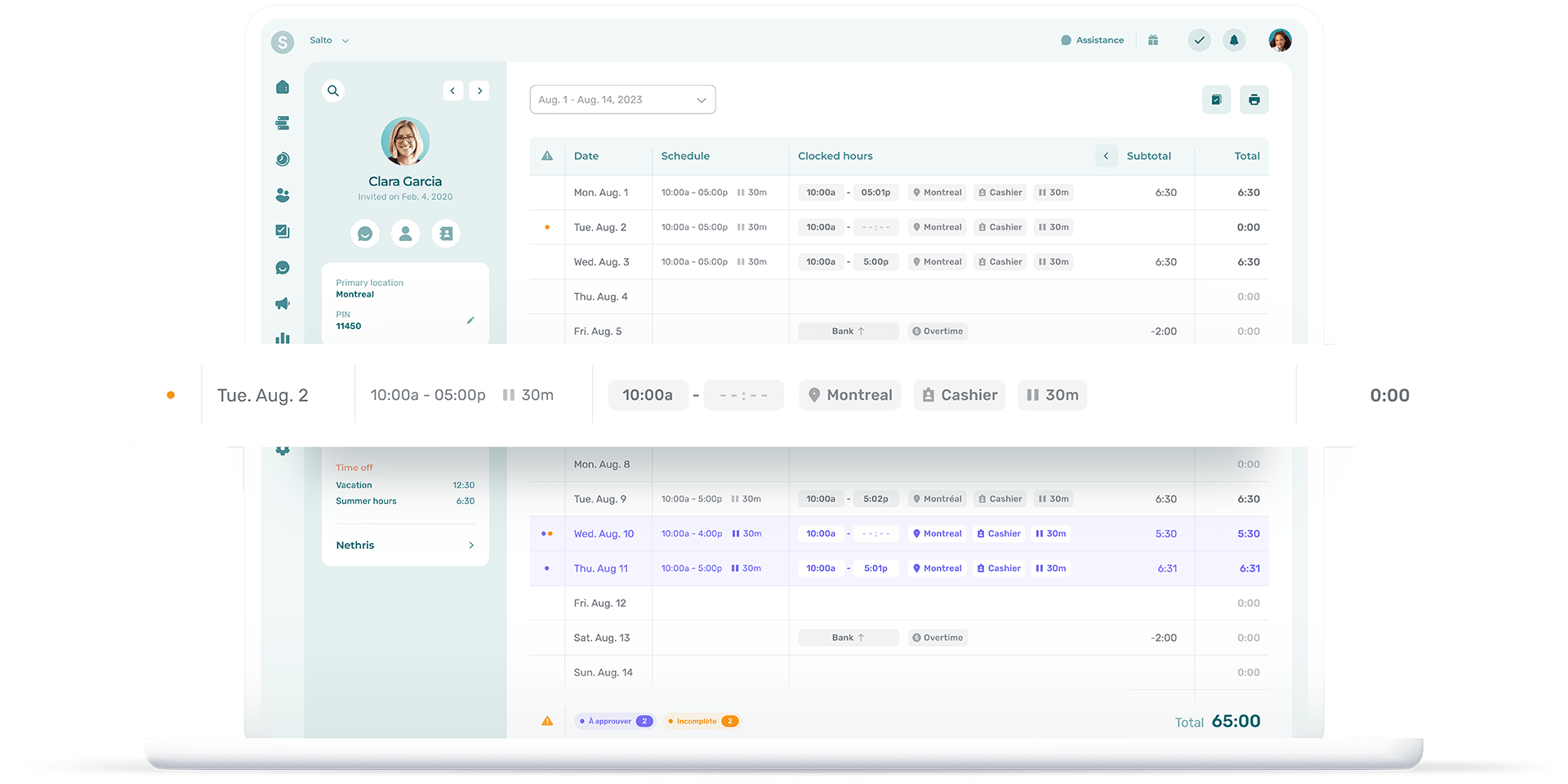 Agendrix apps view of one employee scheduling as well as cliock-in clock-out time preview in a computer