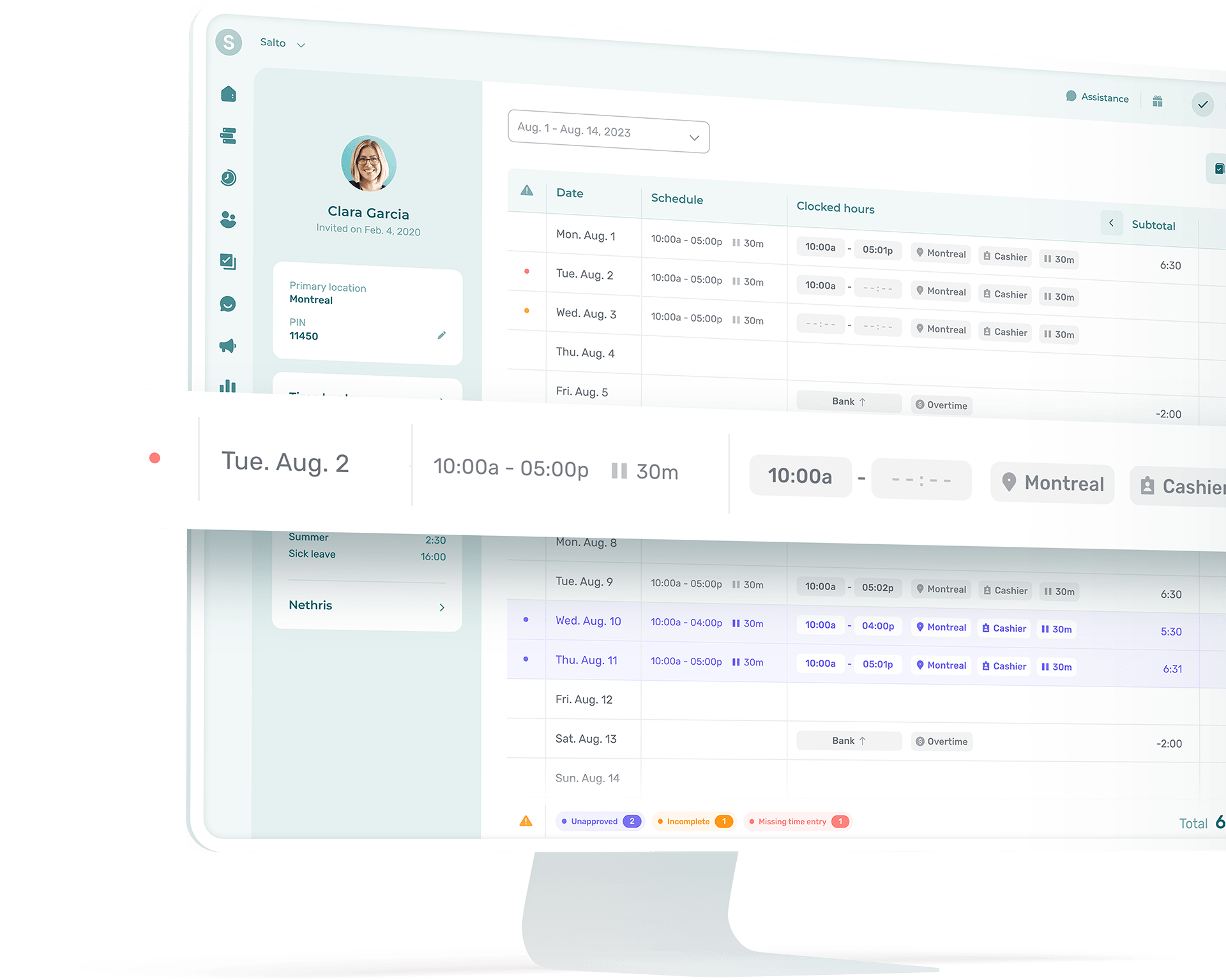 Timesheet automation with representation of employees clock in and out interface