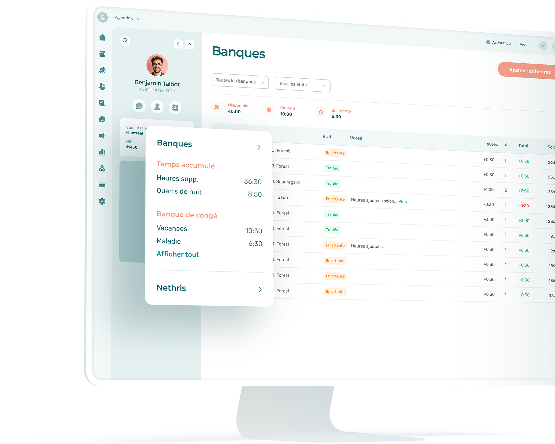 Vu de la fonctionnalité de gestion et suivi des banques d'heures de congés employés ainsi que des absences