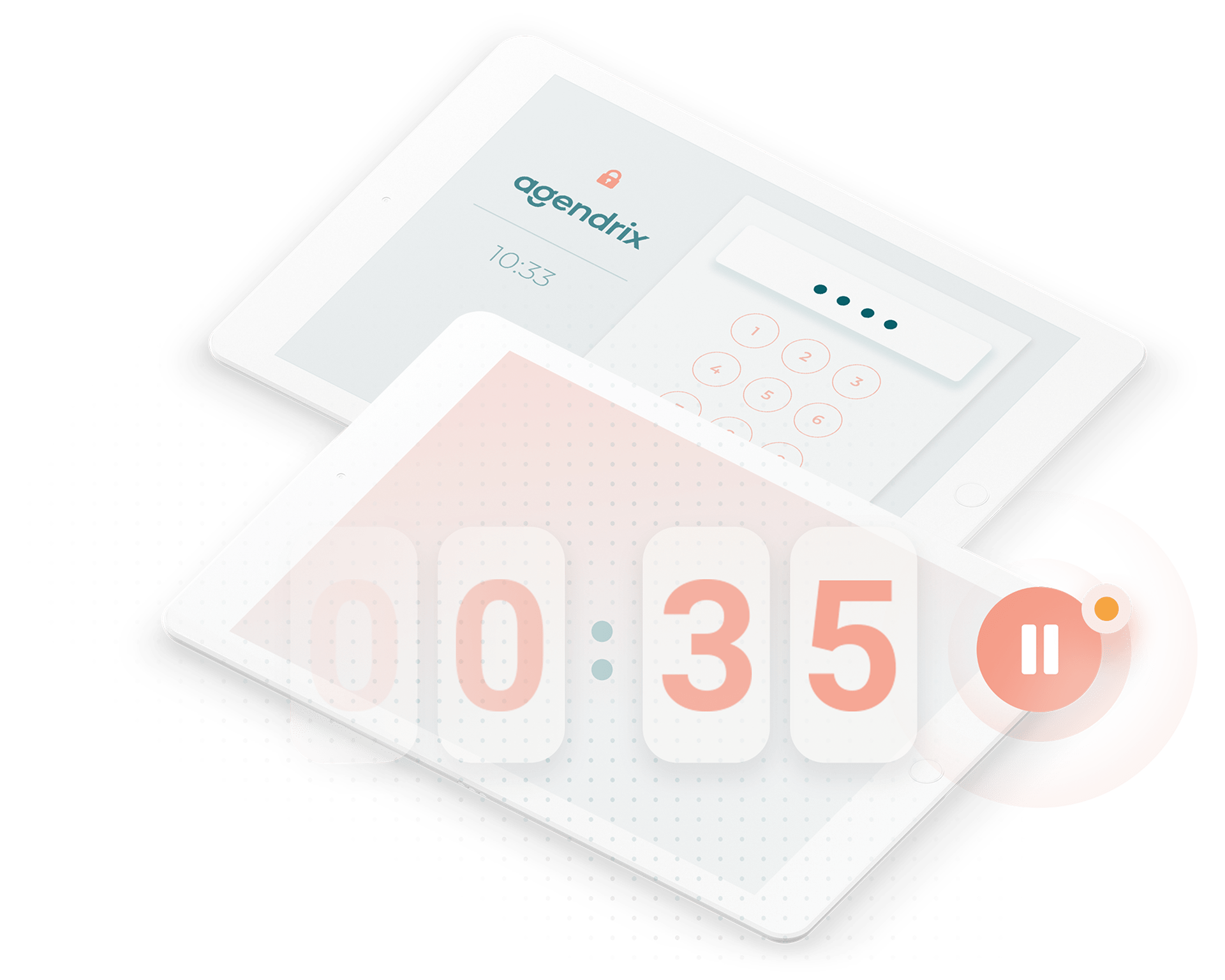 2 tablets showing time and punch clock views of Agendrix app