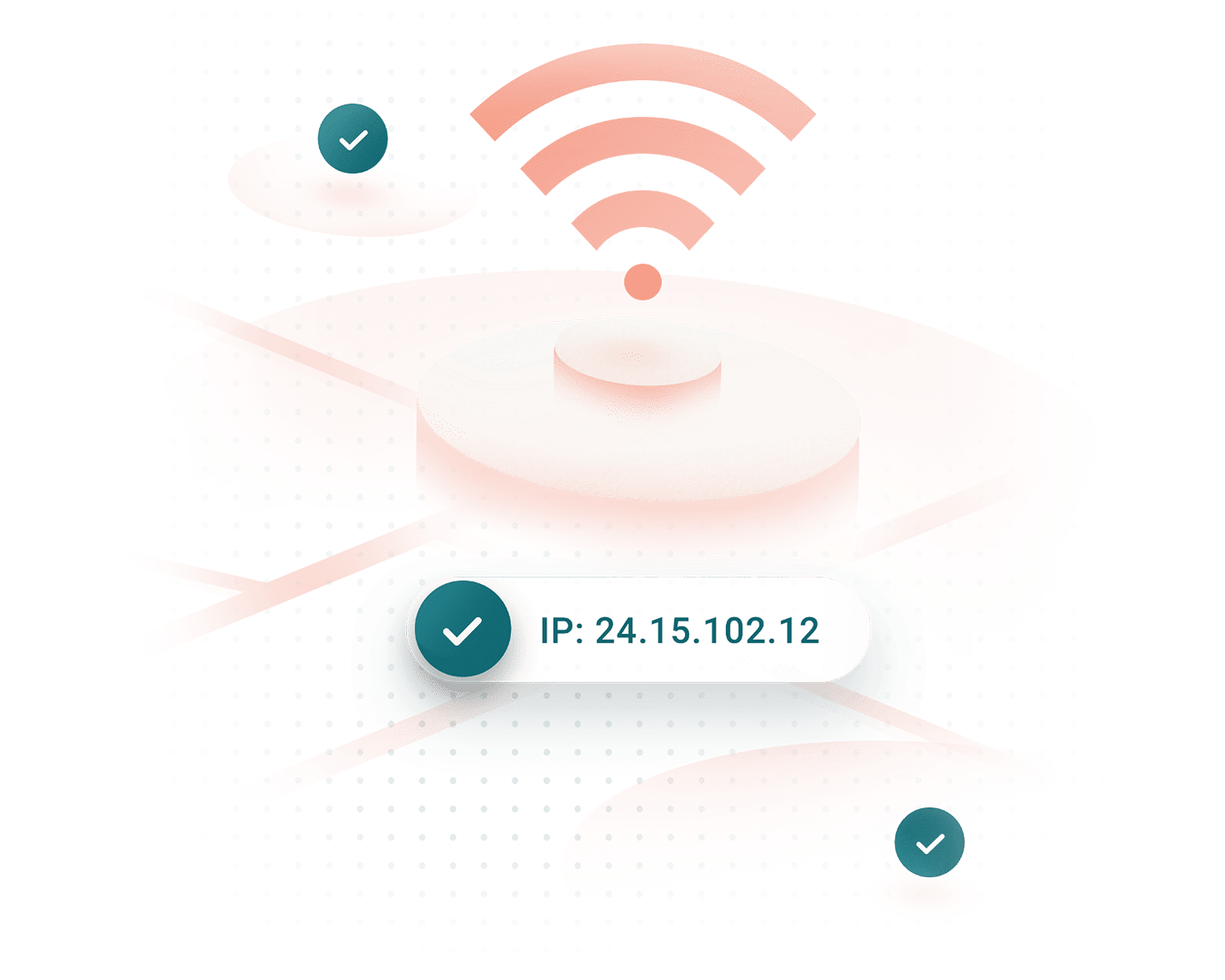 Wifi logo with IP adress and 2 check marks. Representing our IP-Restricted Computer Time Clock feature