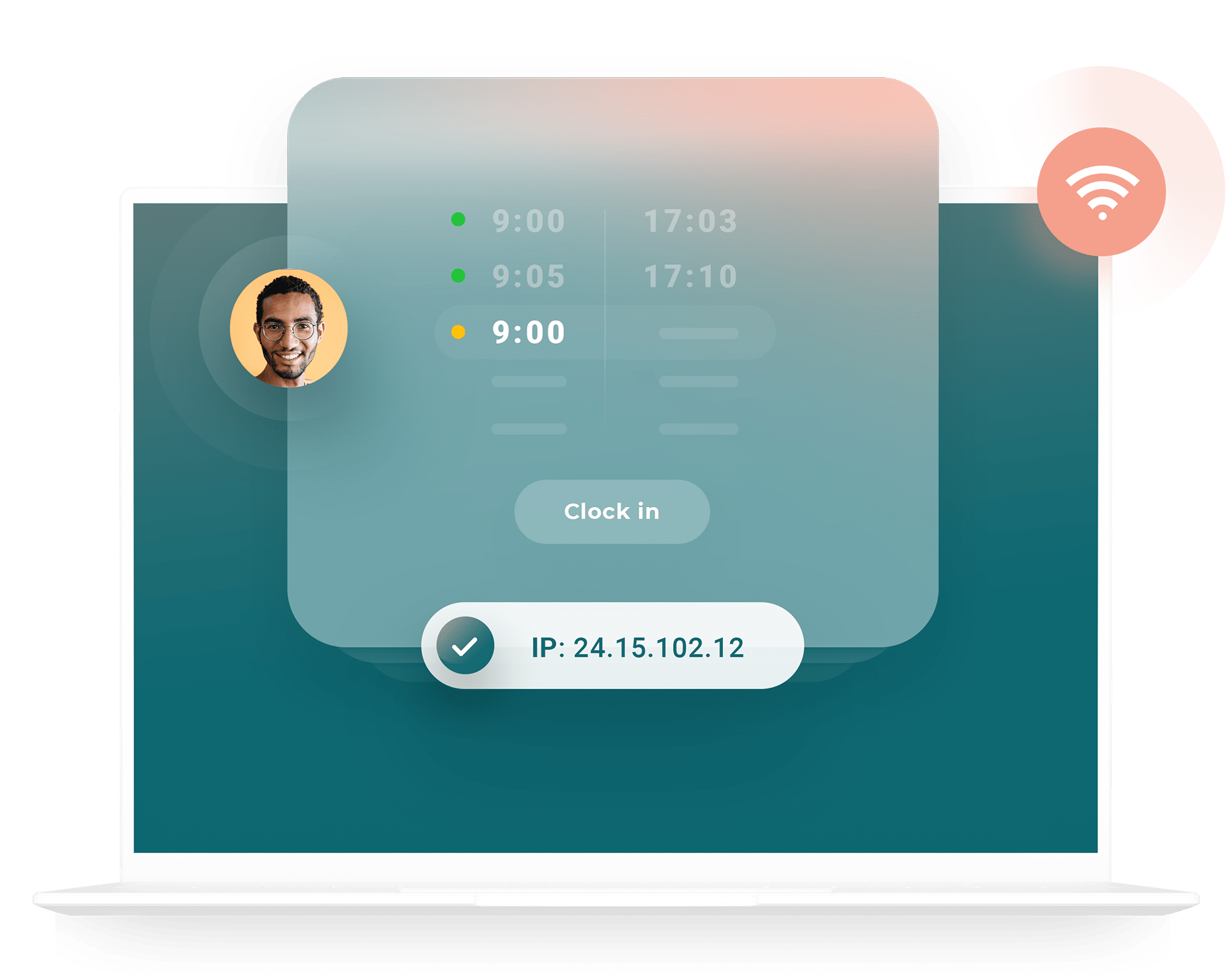 Computer illustration with employee Ip adress, wifi logo, and a list of work hour. This image represent our Computer Time Clock software in general