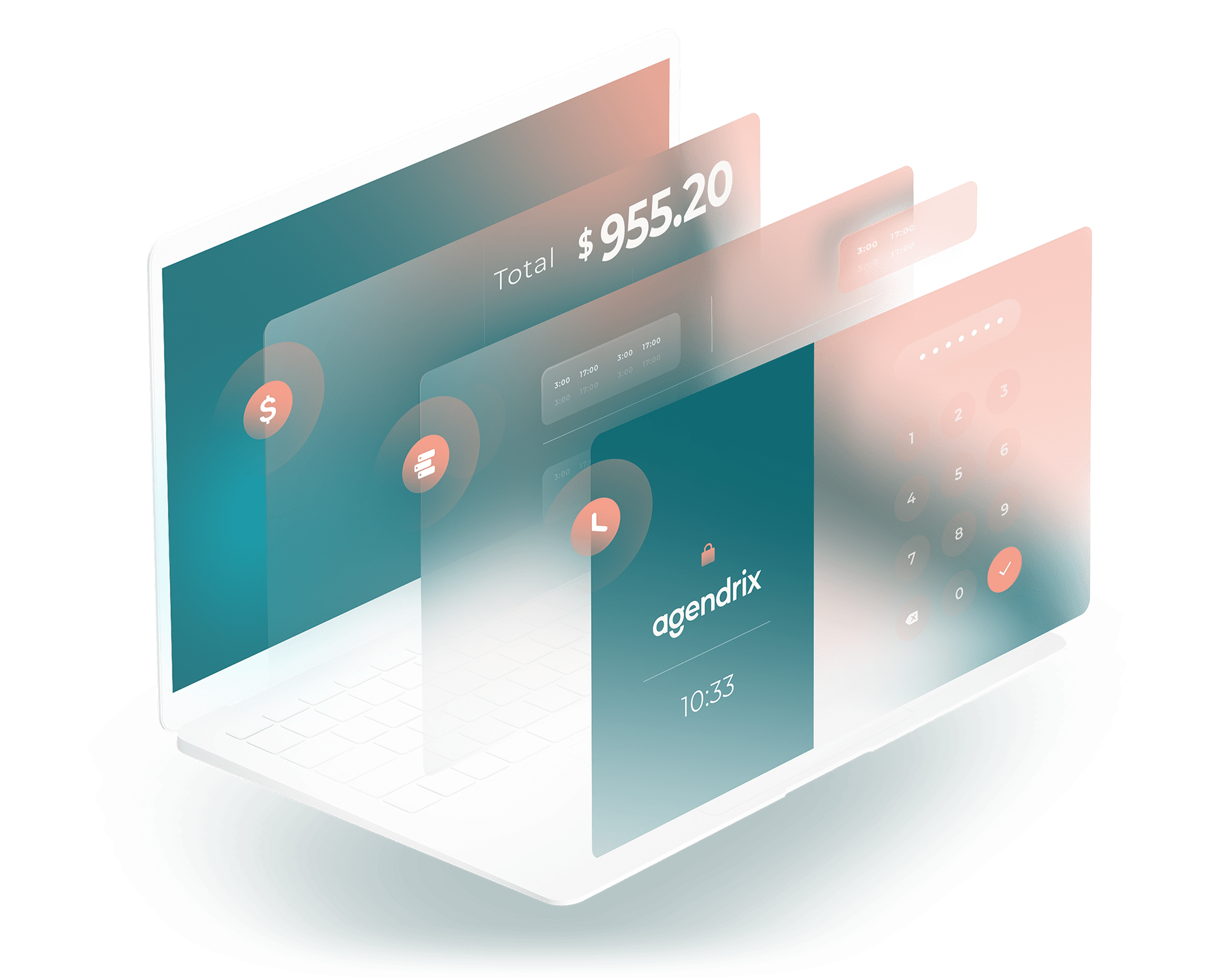 Illustration of Agendrix Tablet-Based Digital Punch Clock. With many views of different screen in the app