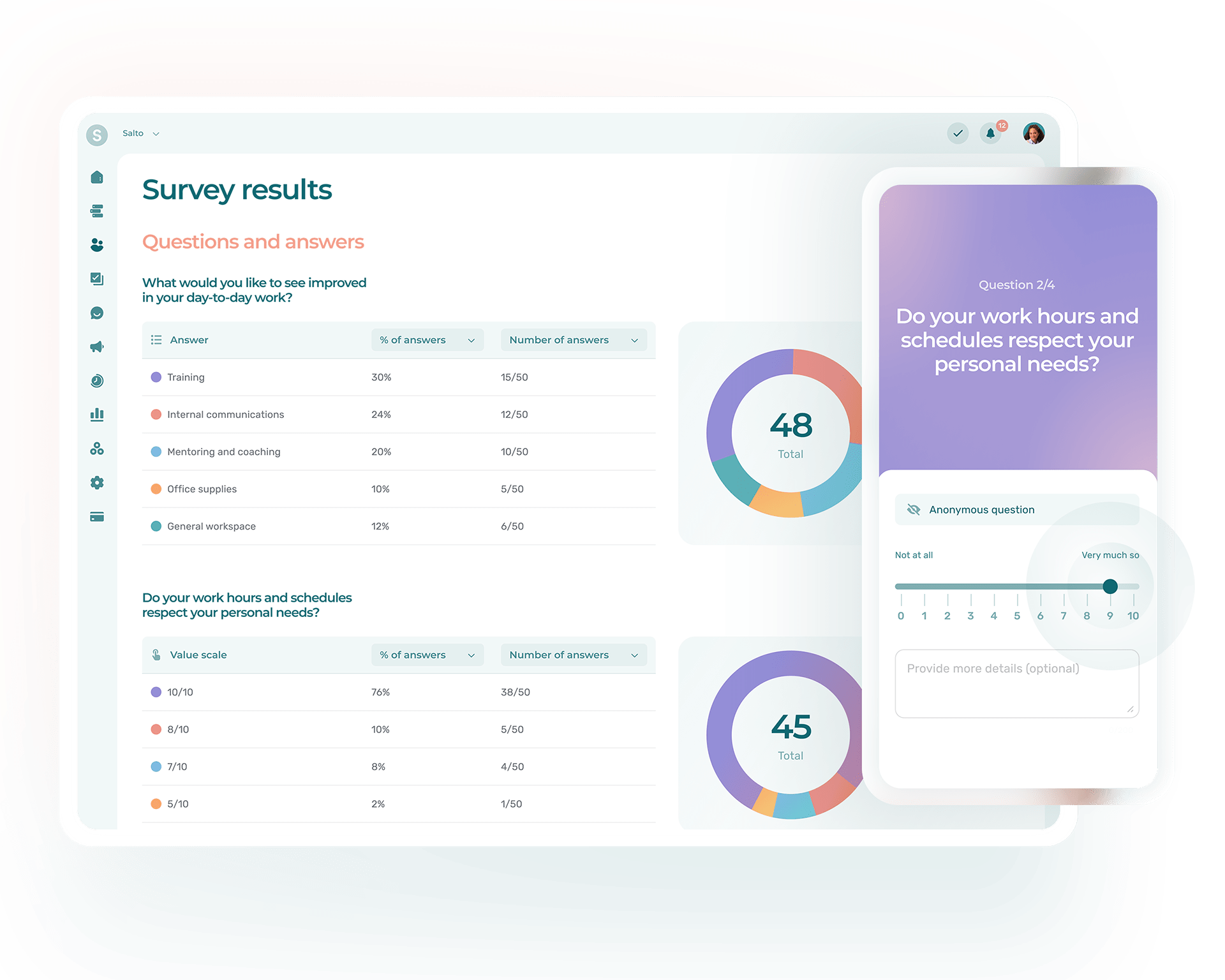 Agendrix Survey feature for business. Preview in a portable computer and a Phone screen