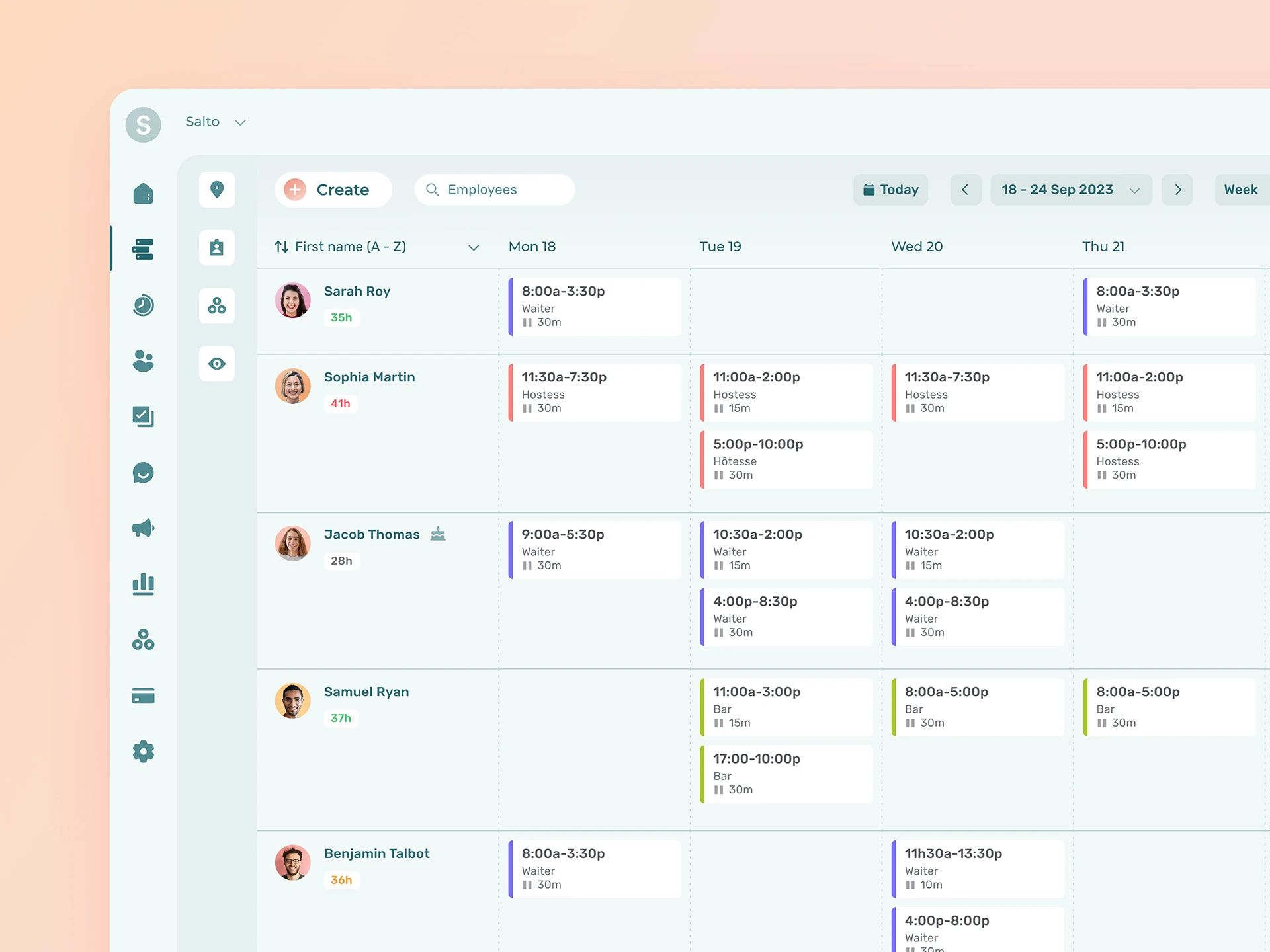 Agendrix interface showing split shifts for a restaurant