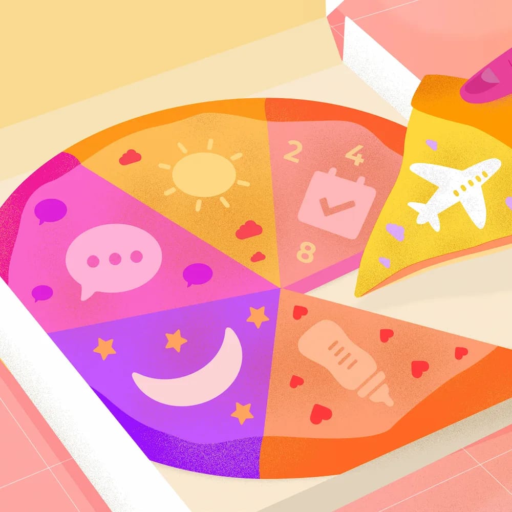 Pizza in a box topped with an airplane, a speech bubble, a moon, a baby bottle, a sun, etc.