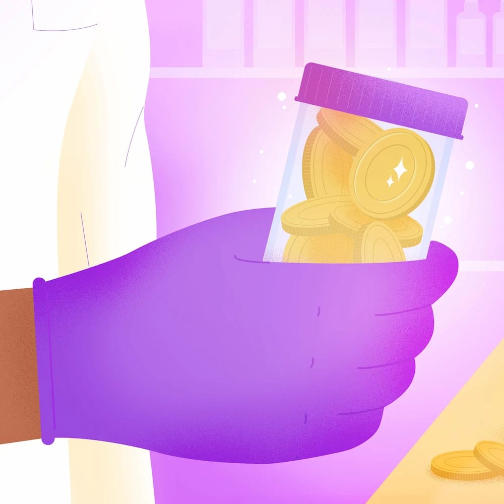 Hand with a glove holding a jar filled with coins, behind which is a pharmacy background.