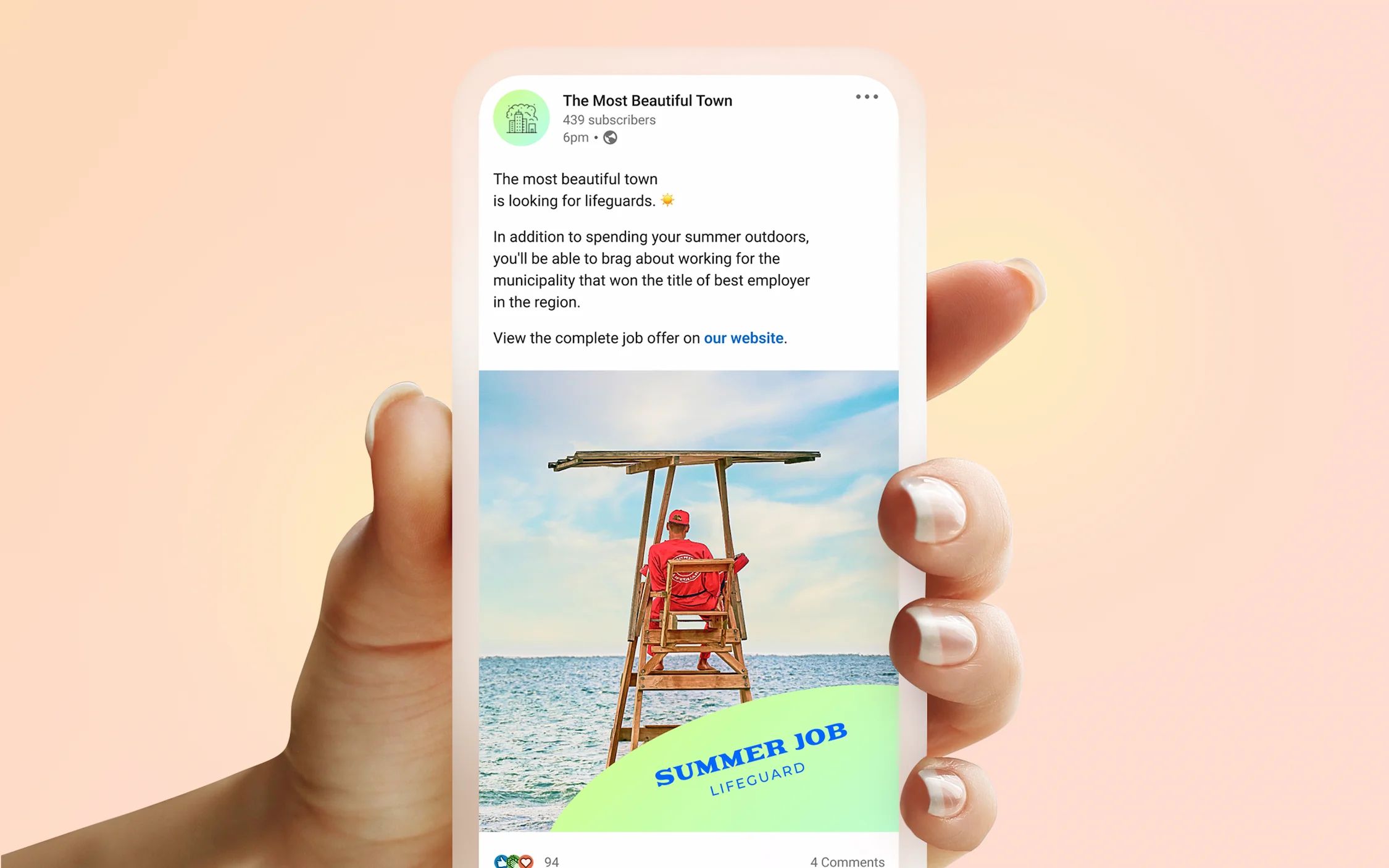 Hand holding a mobile device, on the screen we see a LinkedIn publication with a beach lifeguard installed on his lifeguard chair