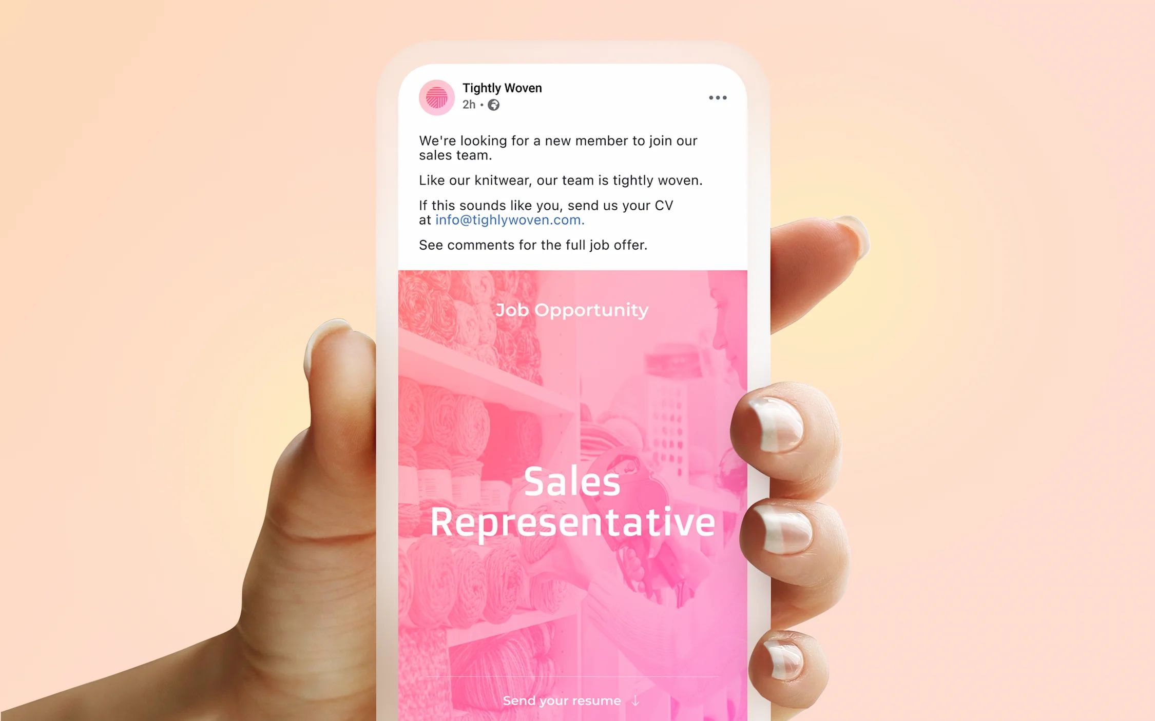 Hand holding a mobile device, on screen we see a Facebook post with photo of a retail store with a pink filter