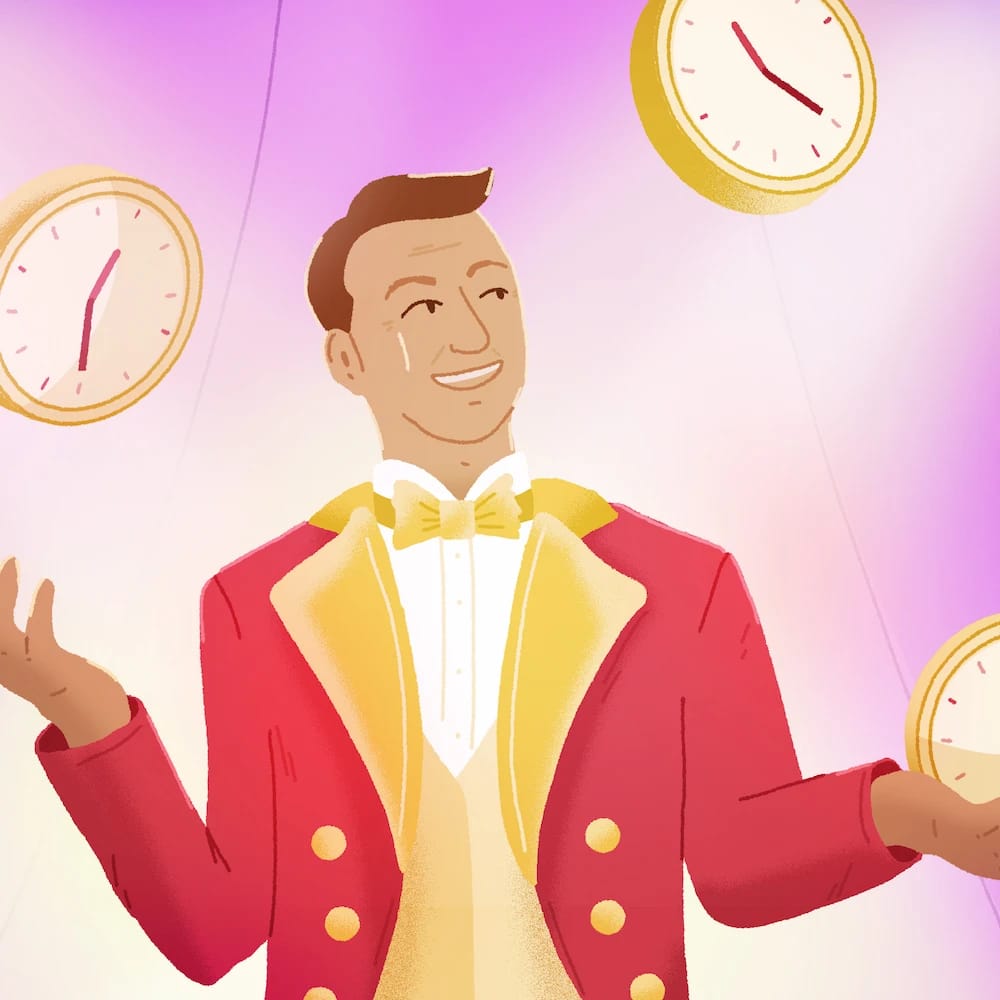 Man in circus costume juggling with clocks
