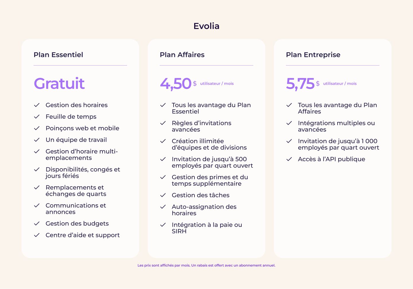 Tableau des prix et fonctionnalités des plans Evolia.