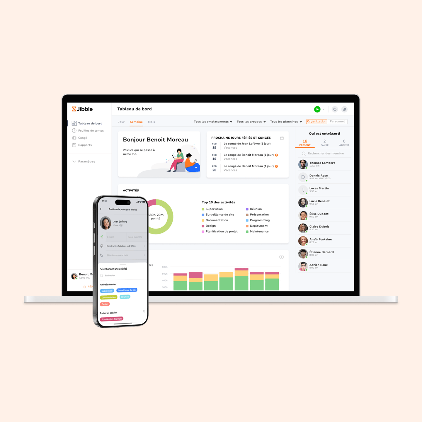 Logiciel Jibble, interface web et mobile