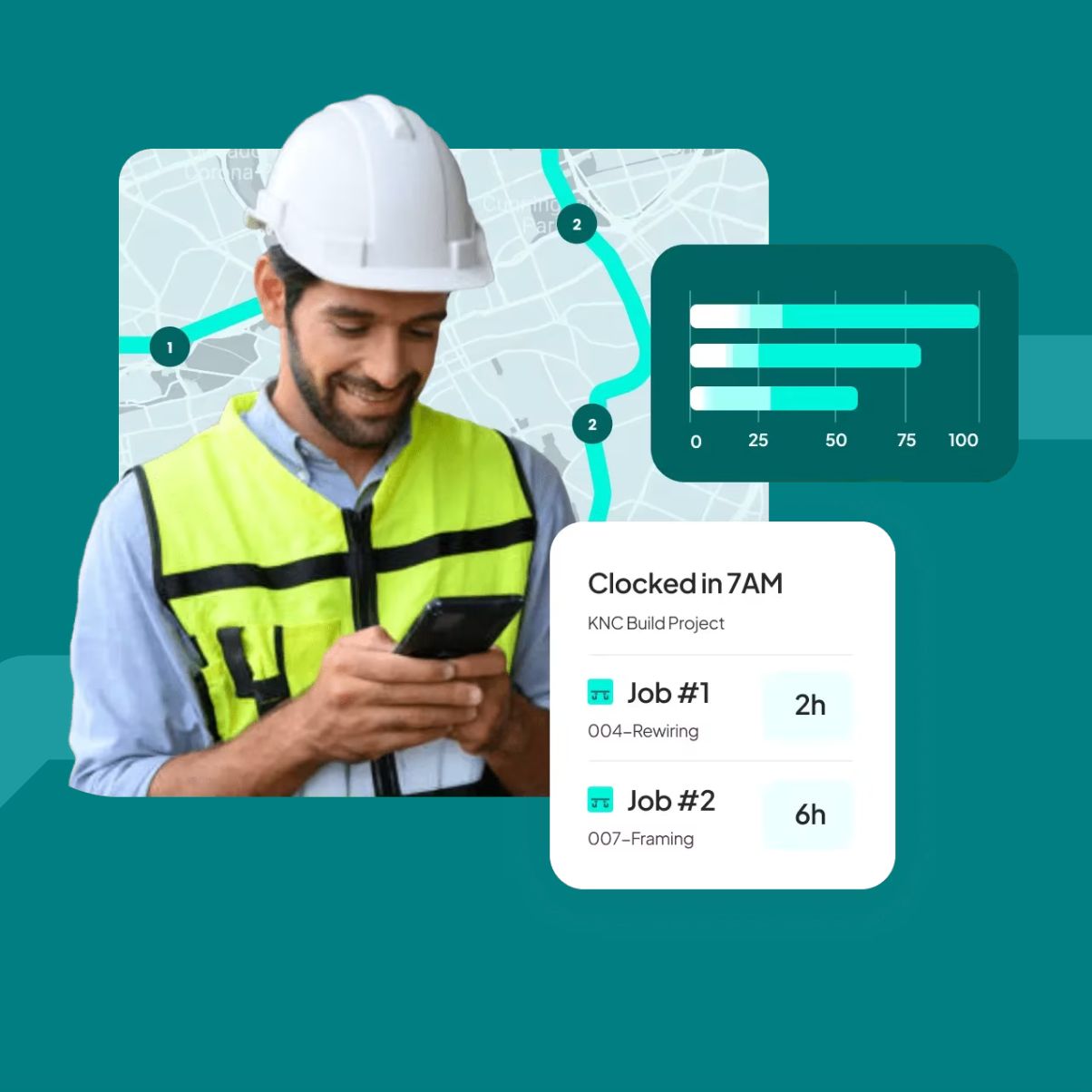 Man dressed safety hat and shirt holding phone, looking down and smiling