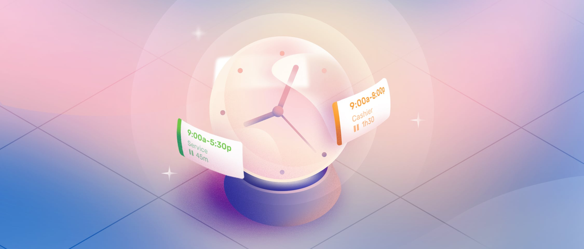 Crystal ball with clock and floating work shifts around it