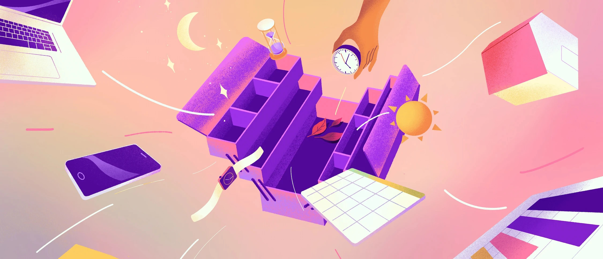Open toolbox with various things escaping, a calendar, a phone a schedule, a sun, a moon and a nearby hand that is holding a clock