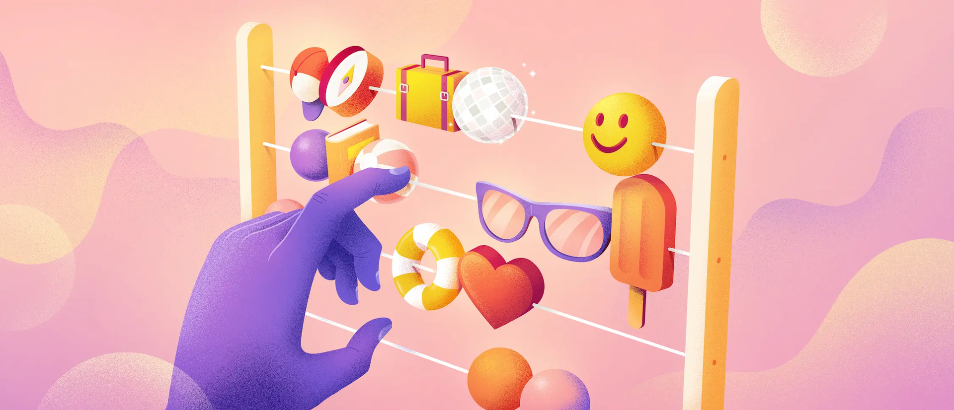 Hand turning the elements of an abacus: cap, sunglasses, suitcase, book, ball, heart, smiley face