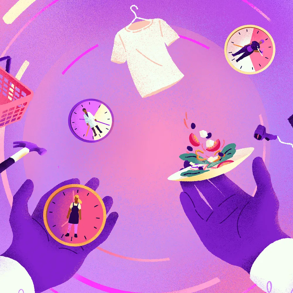 Hands juggling with various items : clothing, food, clock, hammer, grocery basket, etc.