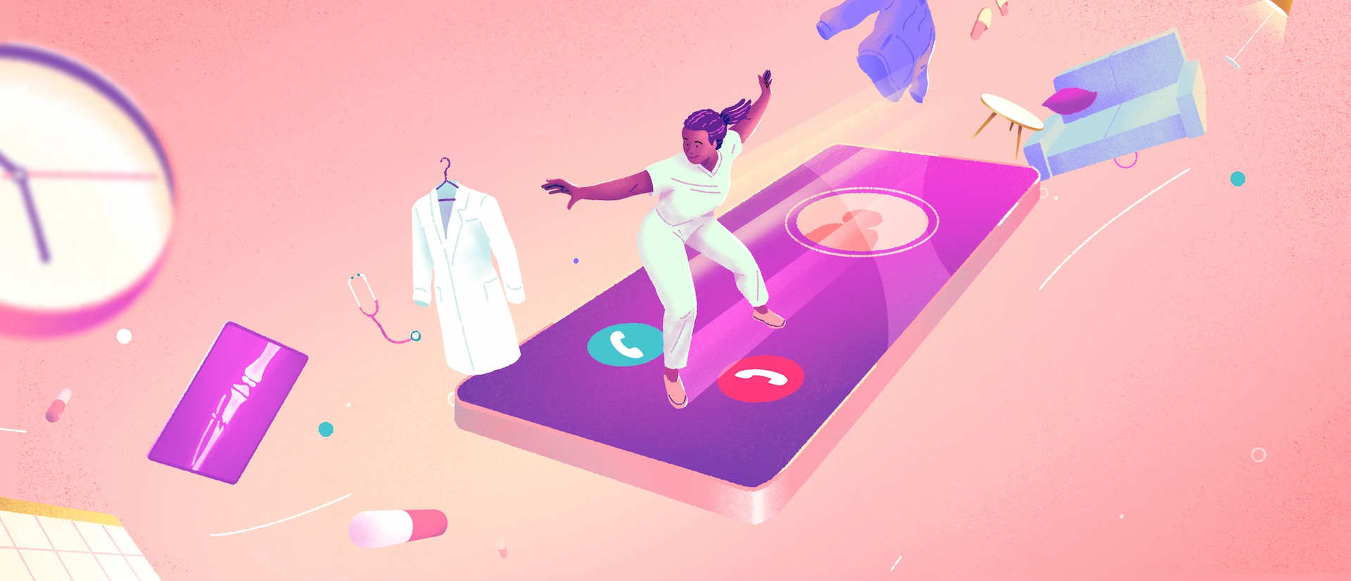 Woman dressed in scrubs sliding on smartphone, with various floating elements: a couch, a clock, a pill, a calendar, clothes