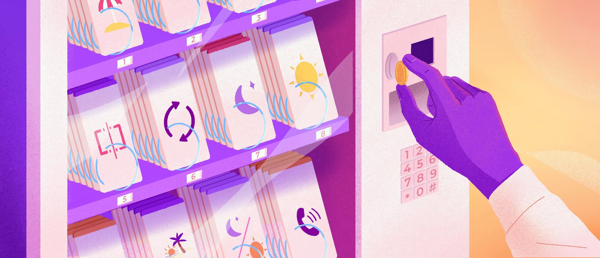 Main qui sélectionne un article dans un distributeur automatique, les choix comprennent une lune, un soleil, etc.