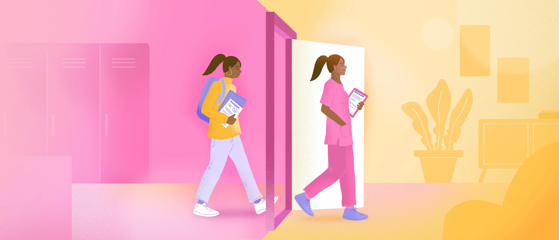 Étudiante avec sac à dos et livres qui marche vers une porte et la traverse, de l'autre côté elle est vêtue d'une tenue de travailleuse de la santé.
