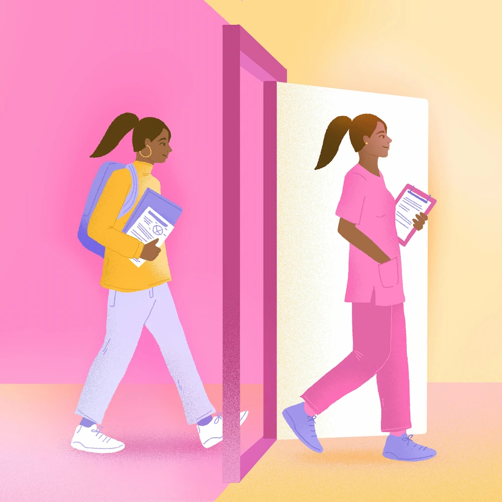 Étudiante avec sac à dos et livres qui marche vers une porte et la traverse, de l'autre côté elle est vêtue d'une tenue de travailleuse de la santé.