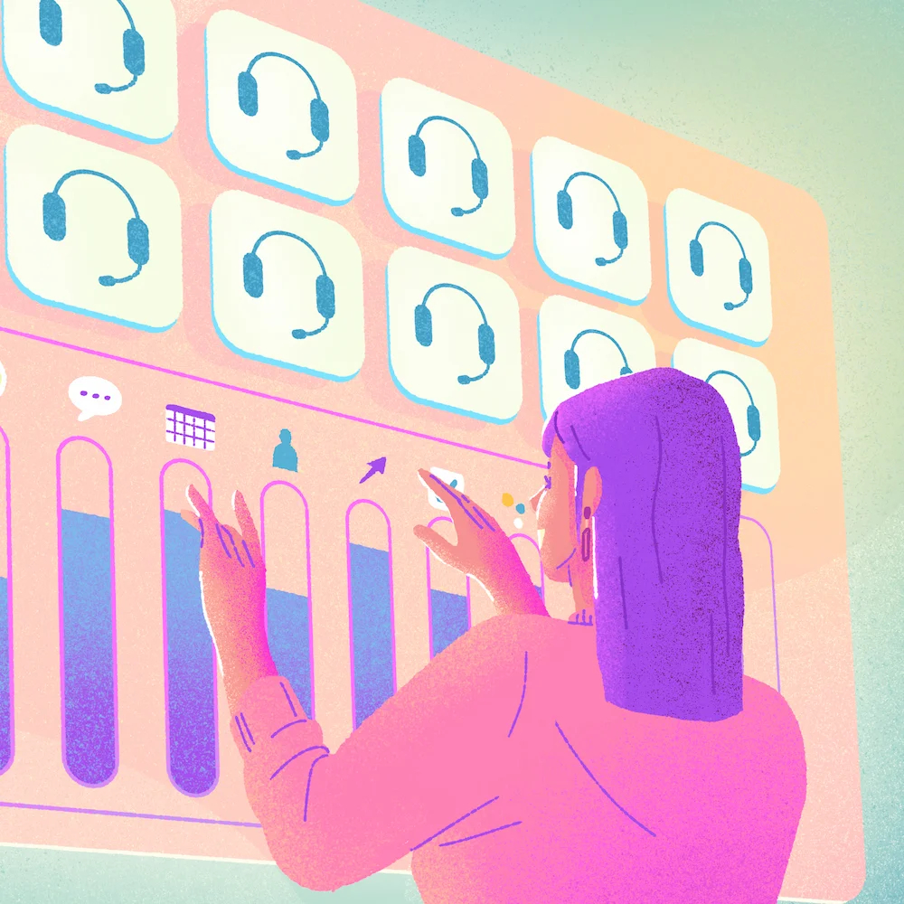 Woman standing in front of a floating console with headphones and other graphs