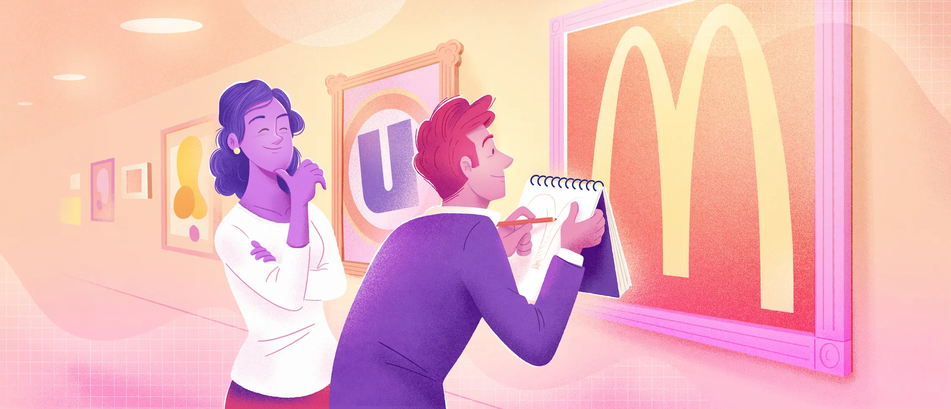 deux personnes qui regardent des cadres présentant des logos de franchises : mcdonald, uniprix