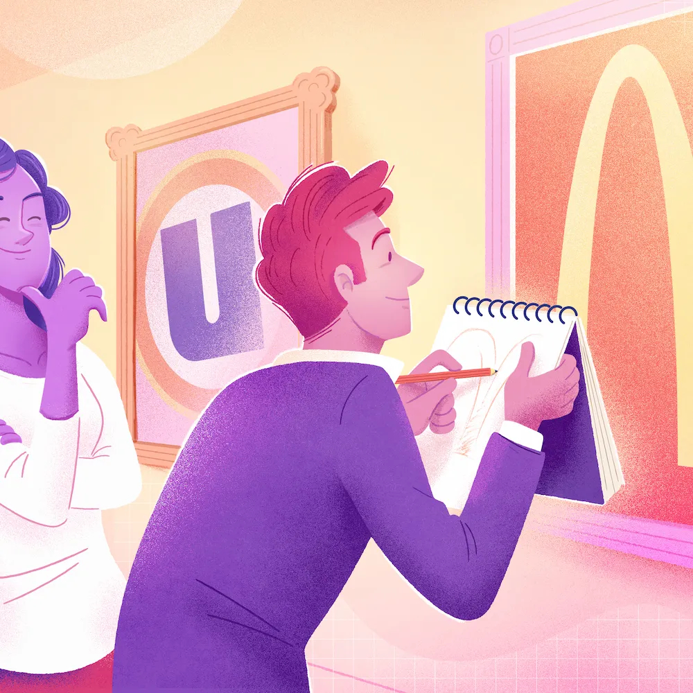 deux personnes qui regardent des cadres présentant des logos de franchises : mcdonald, uniprix