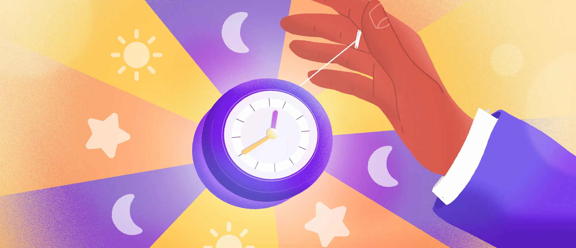 A hand holding a yoyo with a clock on it. In the background are rotating day and night symbols.