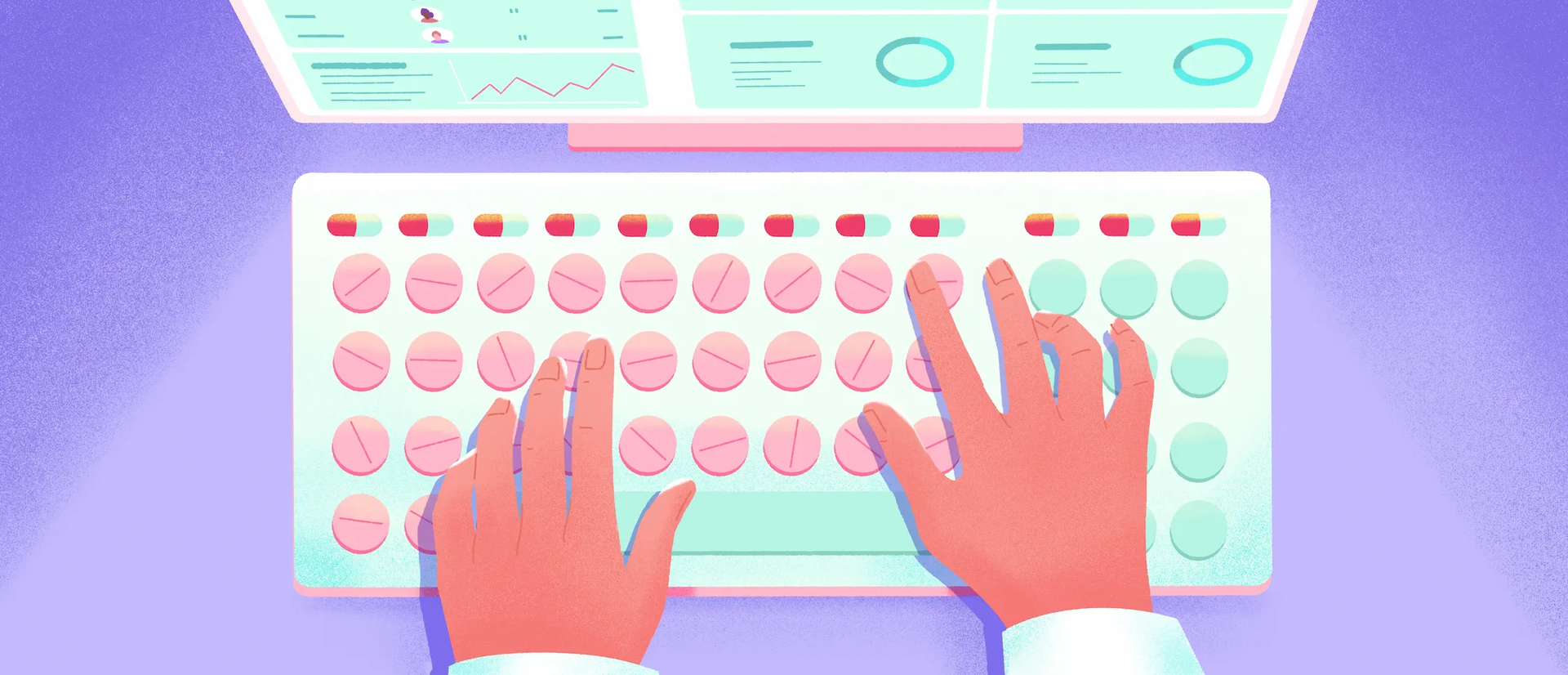 Hands tapping on the keys of a keyboard that looks like a pharmaceutical tablet. On the screen, you can see an HR dashboard.