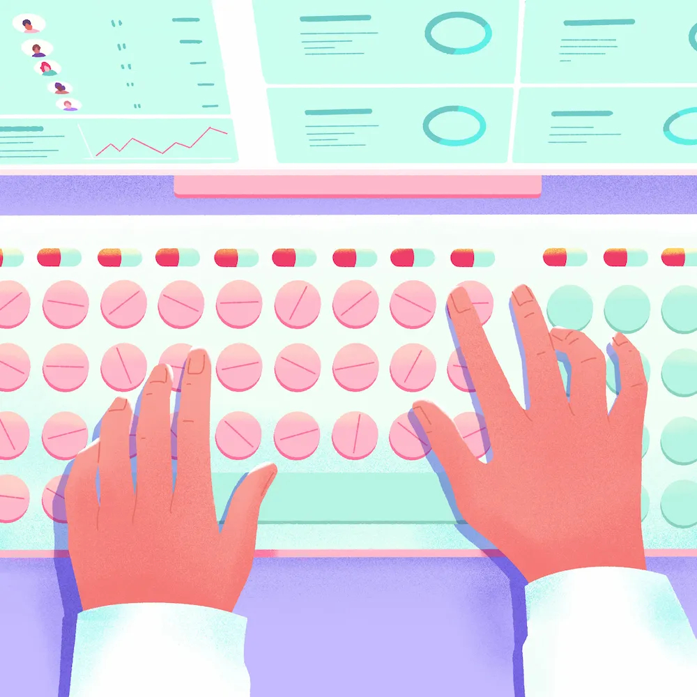 Hands tapping on the keys of a keyboard that looks like a pharmaceutical tablet. On the screen, you can see an HR dashboard.