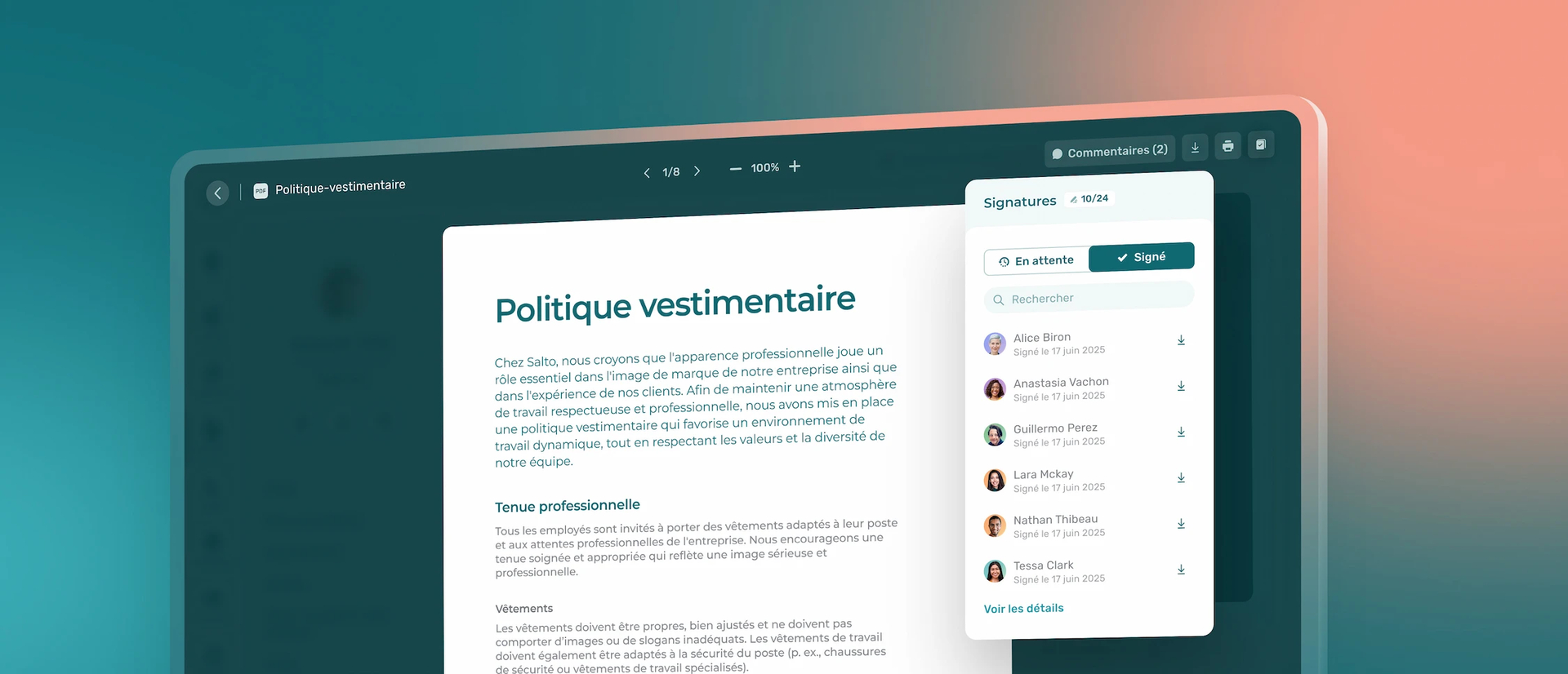 aperçu de la signature d'un document partagé dans agendrix
