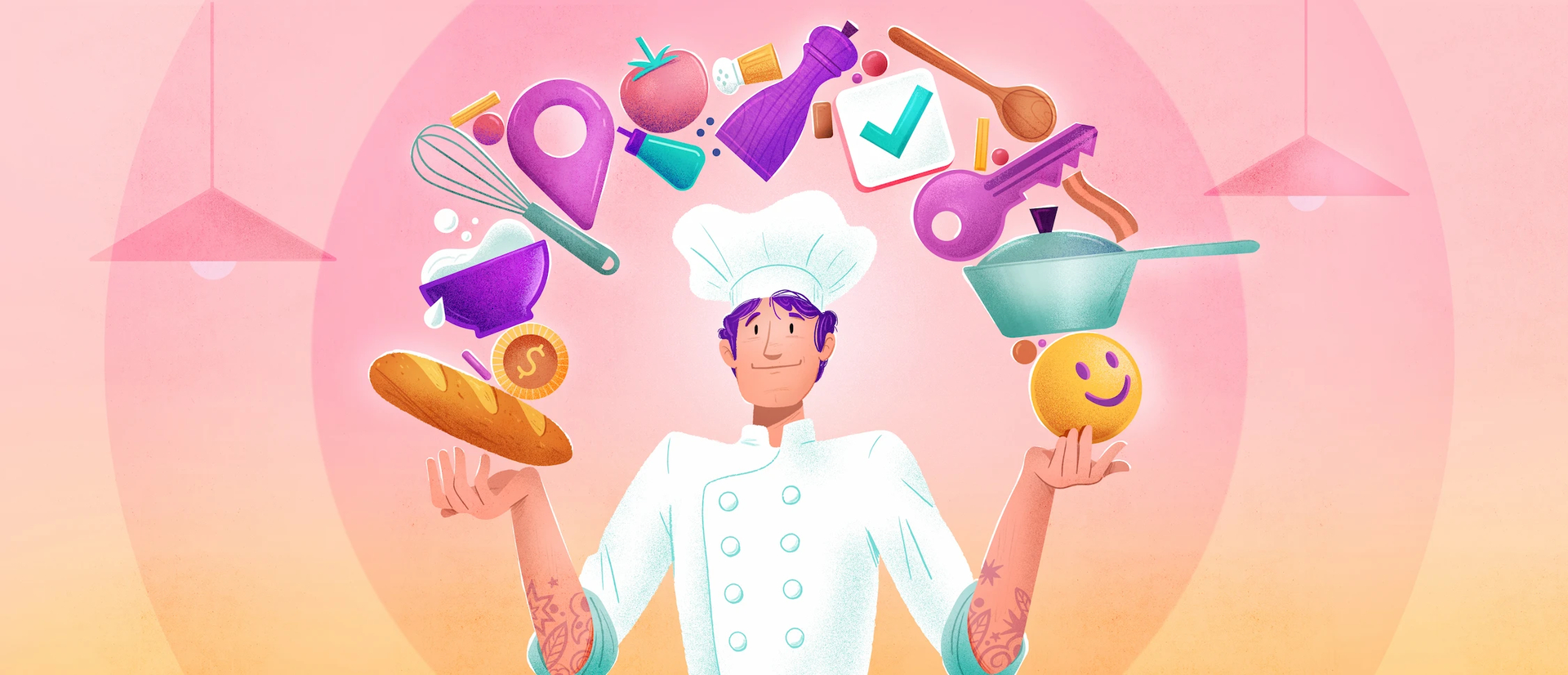 Chef de restaurant jonglant avec différents éléments relatifs à la gestion d'un restaurant : nourriture, clés, destination, argent.