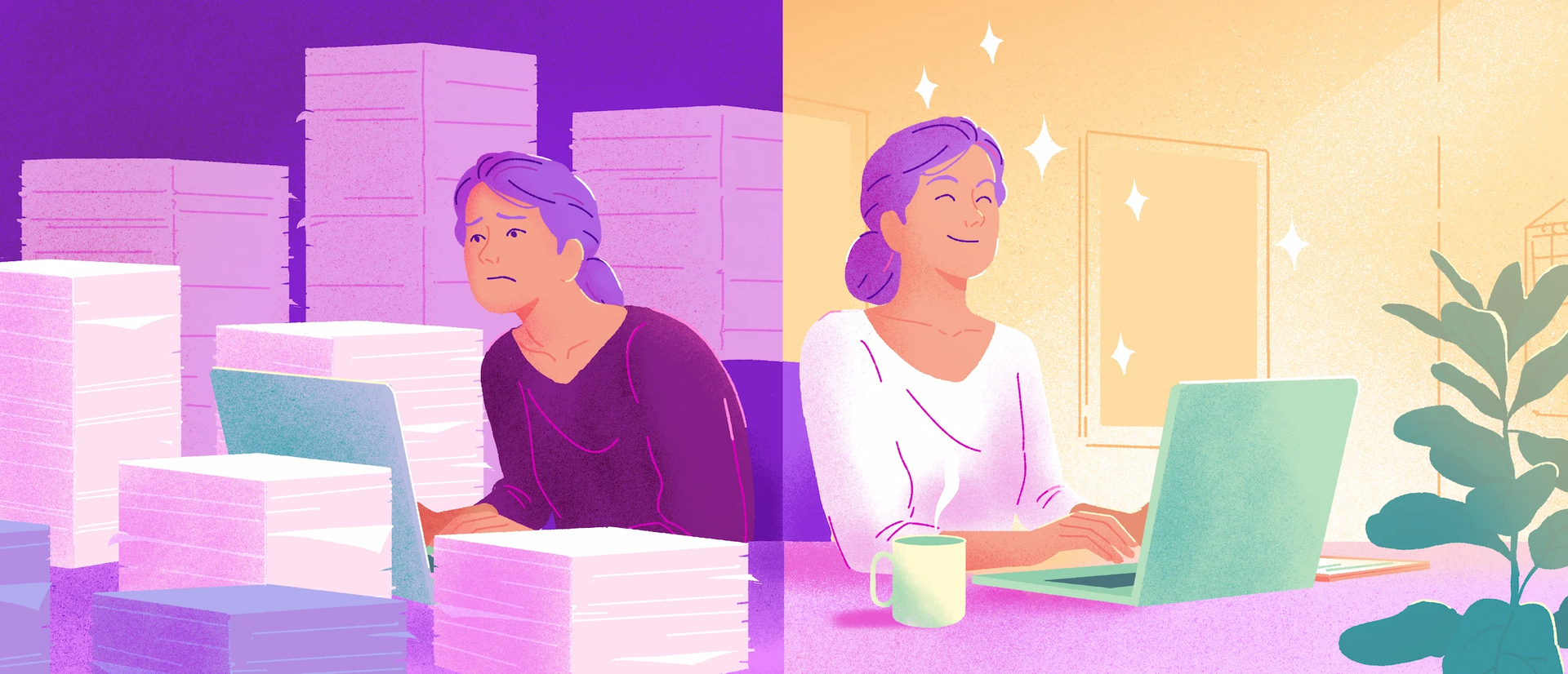 2 female workers, one who is discouraged and the other one who seems happy