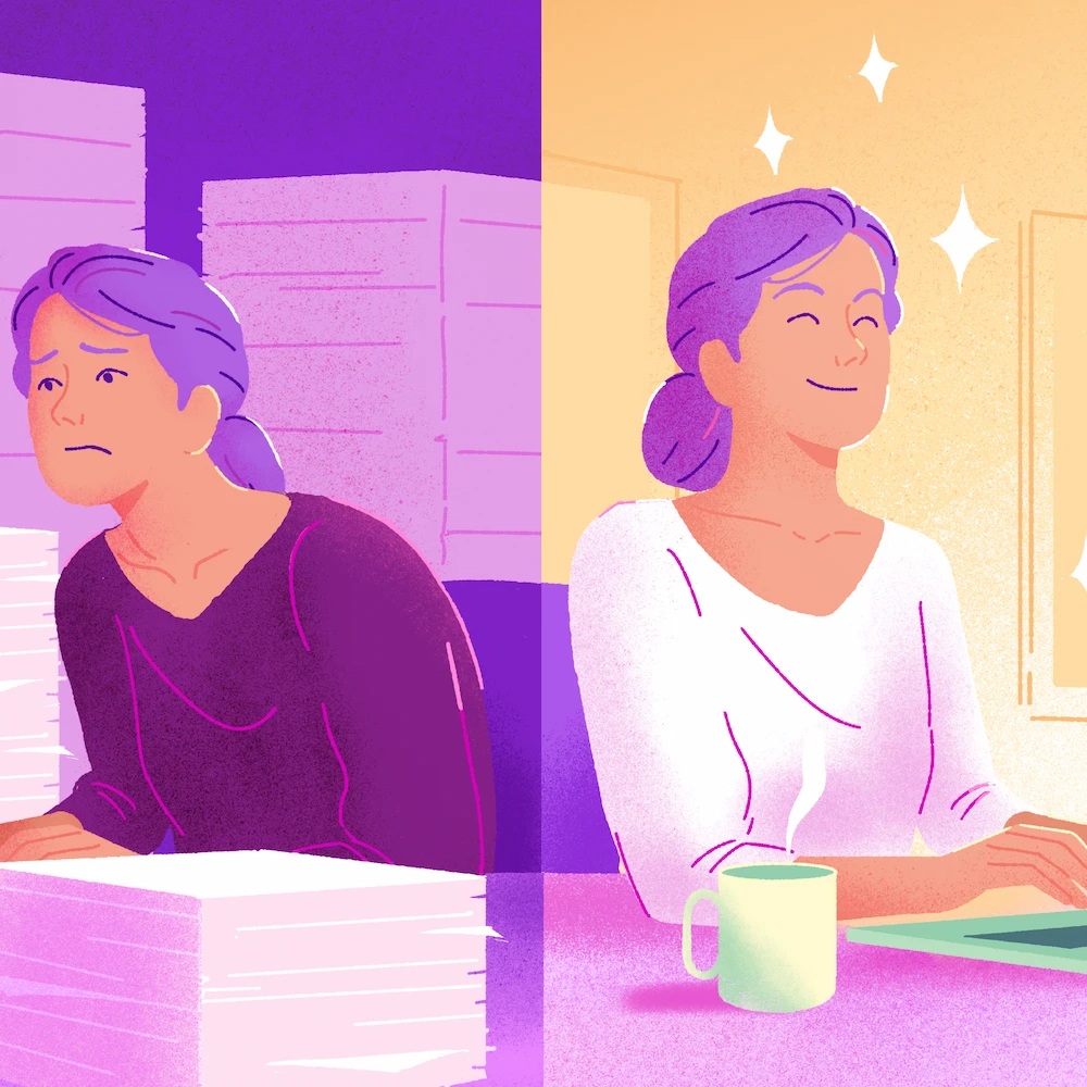 2 female workers, one who is discouraged and the other one who seems happy