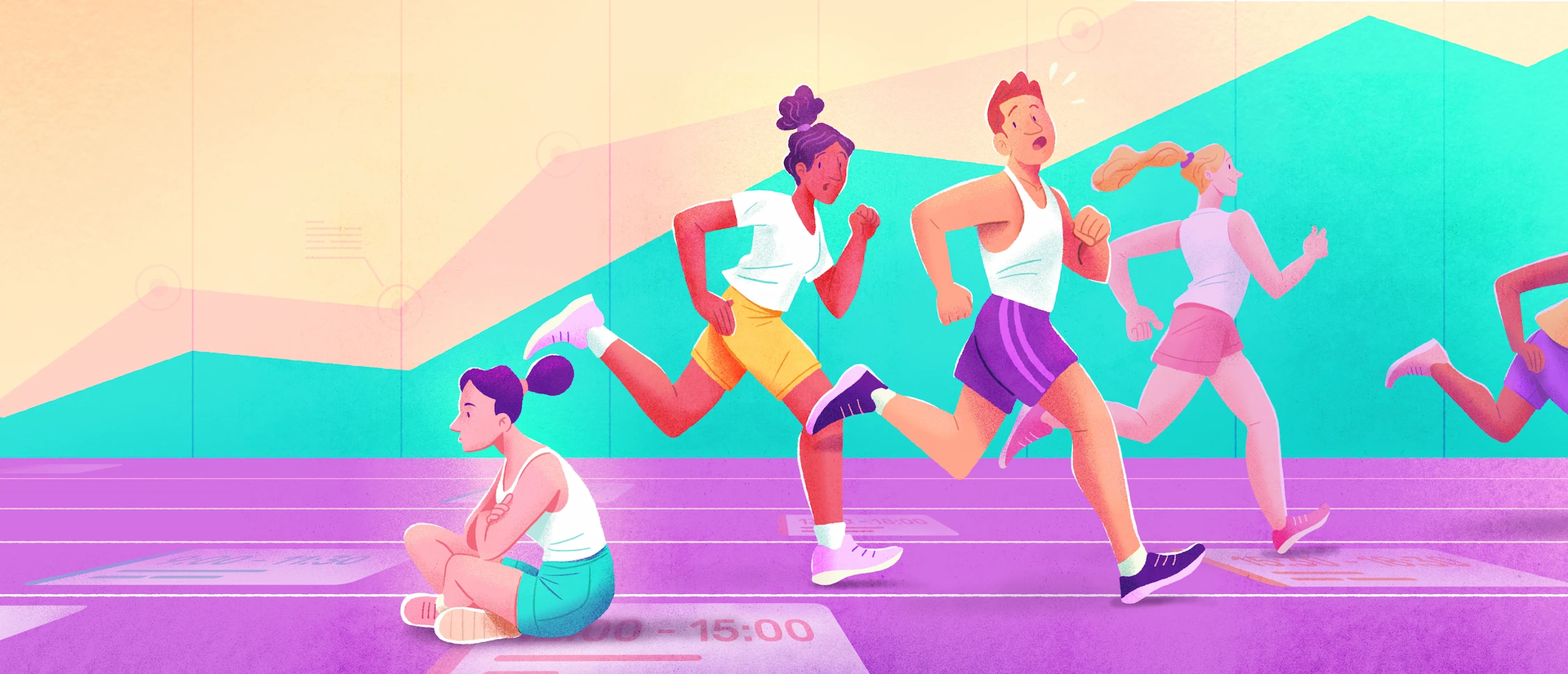 Pendant que plusieurs employés habillés en sport courent vers la droite, une employée difficile est assise sur le sol et regarde vers la gauche.