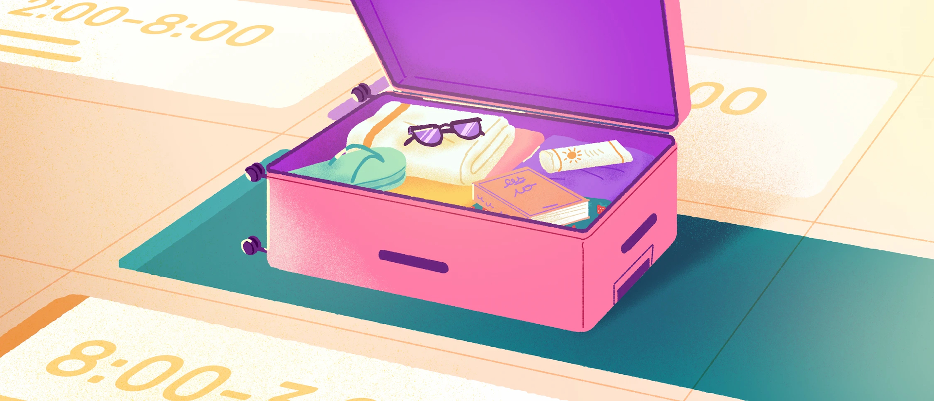 Seen from above, a suitcase sits on top of a schedule planner. It represents a vacation.