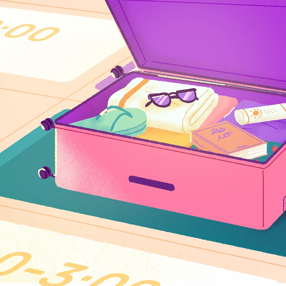 Seen from above, a suitcase sits on top of a schedule planner. It represents a vacation.