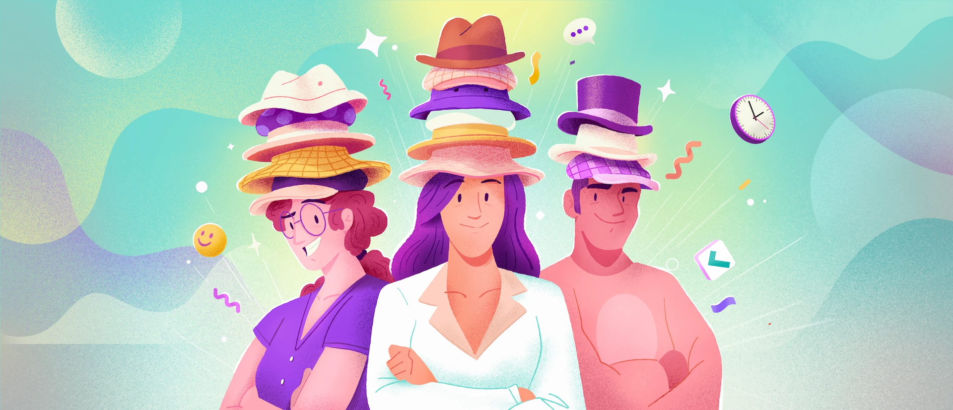 three people who wear many hats on their heads