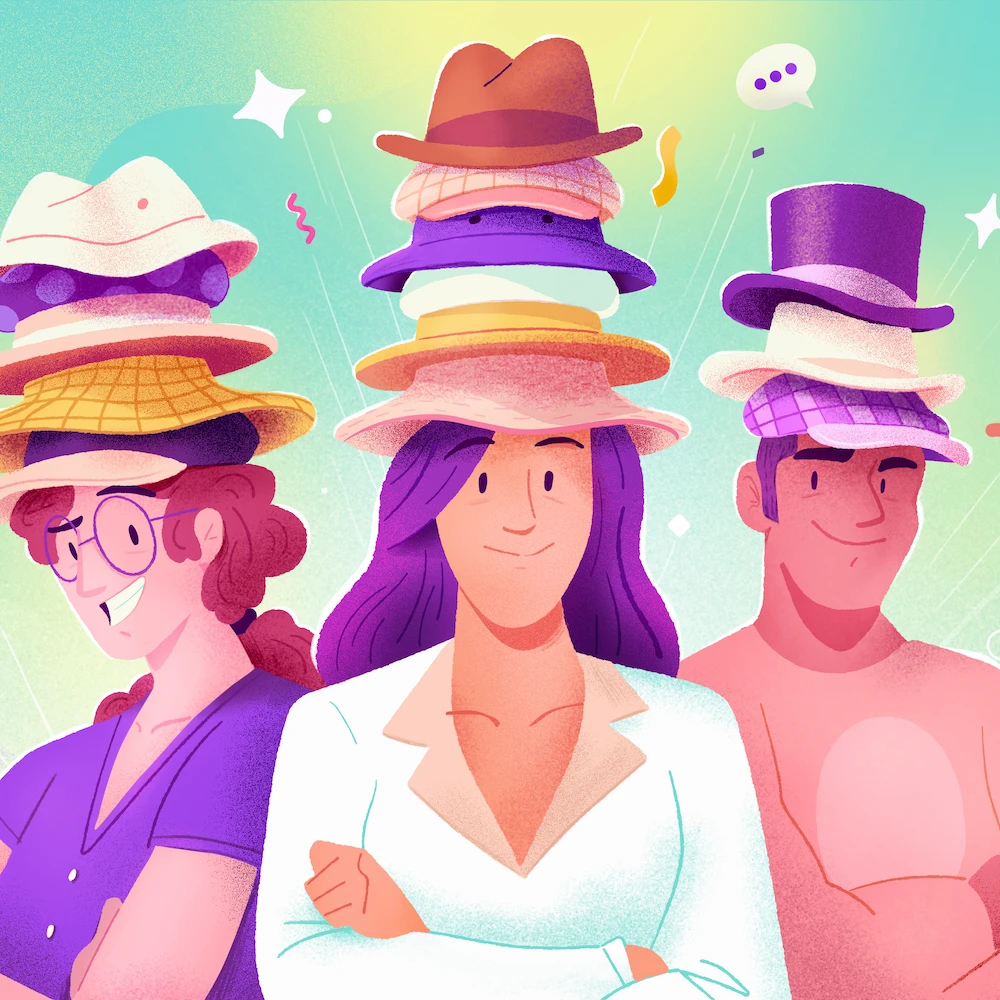 three people who wear many hats on their heads